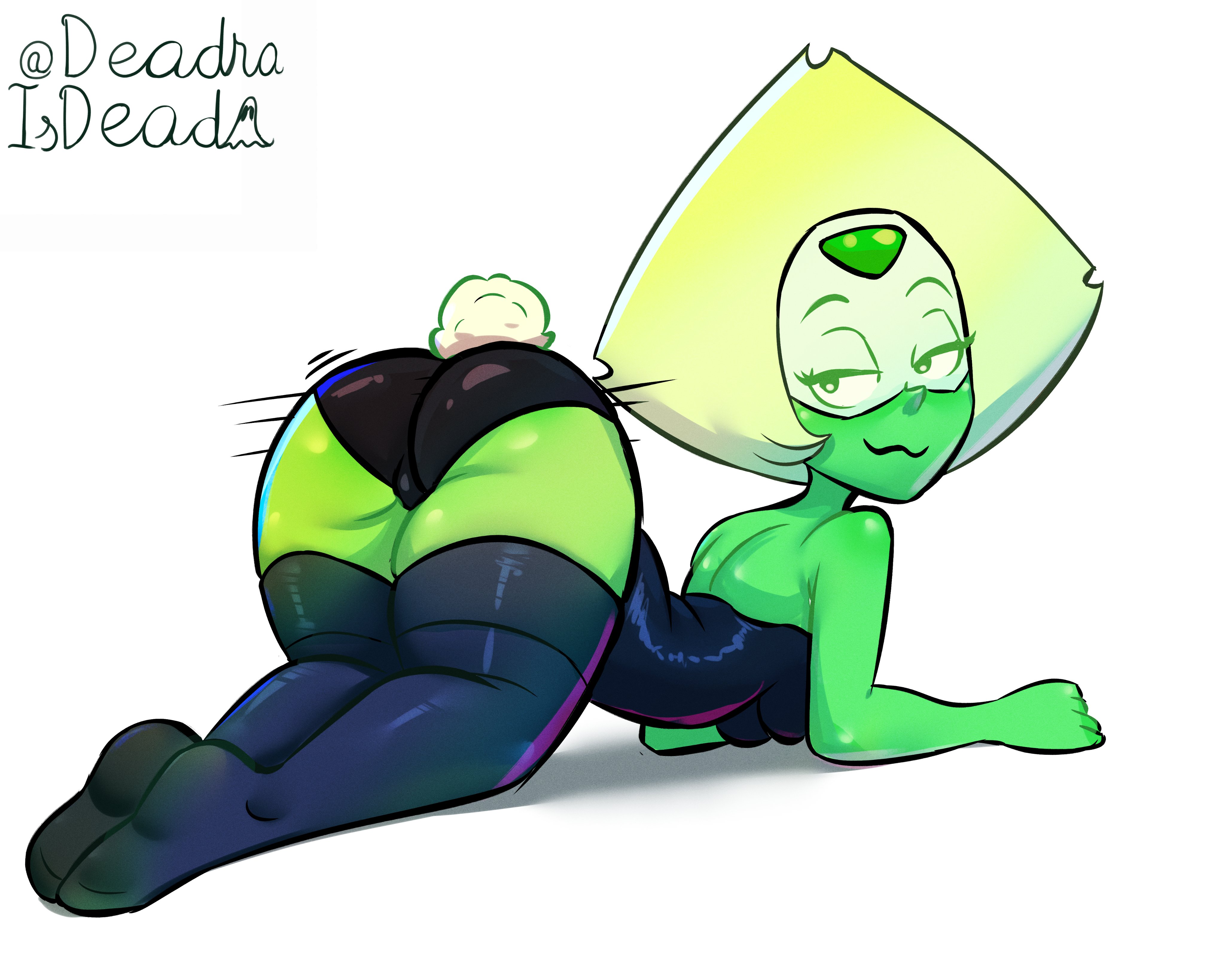 ass, ass focus, ass up, back view, breasts, bunny tail, bunnysuit, deadraisdead, gem (species), glasses, green skin, looking back, lying, lying on stomach, peridot (steven universe), slim waist, small breasts, smile, steven universe, stockings, tagme, thick thighs, voluptuous, wide hips, yellow hair
