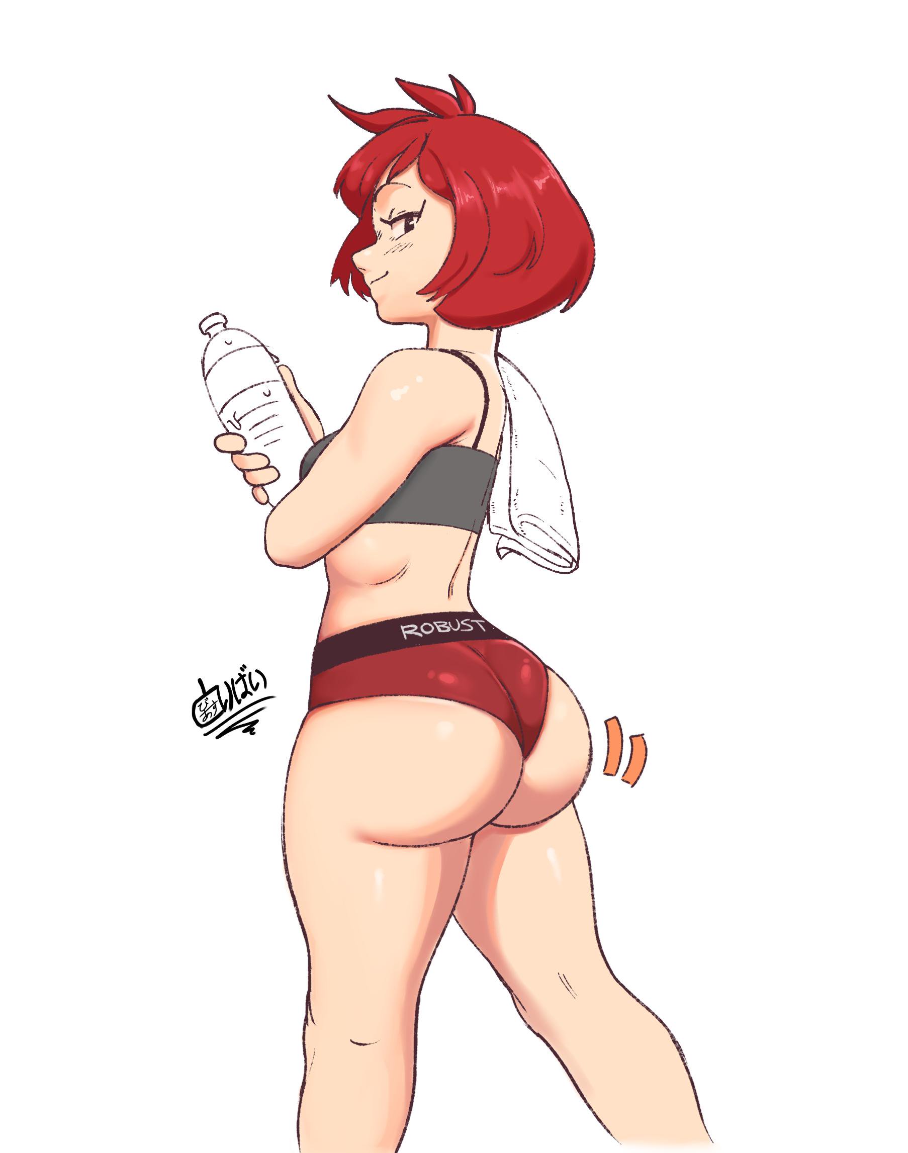 1girls, 2d, ass, blush, booty shorts, bottom heavy, breasts, buttholemagick, exposed ass, female, huge ass, looking at viewer, looking back, original, original character, plump ass, red hair, red shorts, romana (buttholemagick), short hair, shorts, small breasts, smile, sports bra, sportswear, tease, teasing, thick, thick ass, thick legs, thick thighs, towel, towel on shoulder, water bottle, white background, white skin, workout, workout clothes
