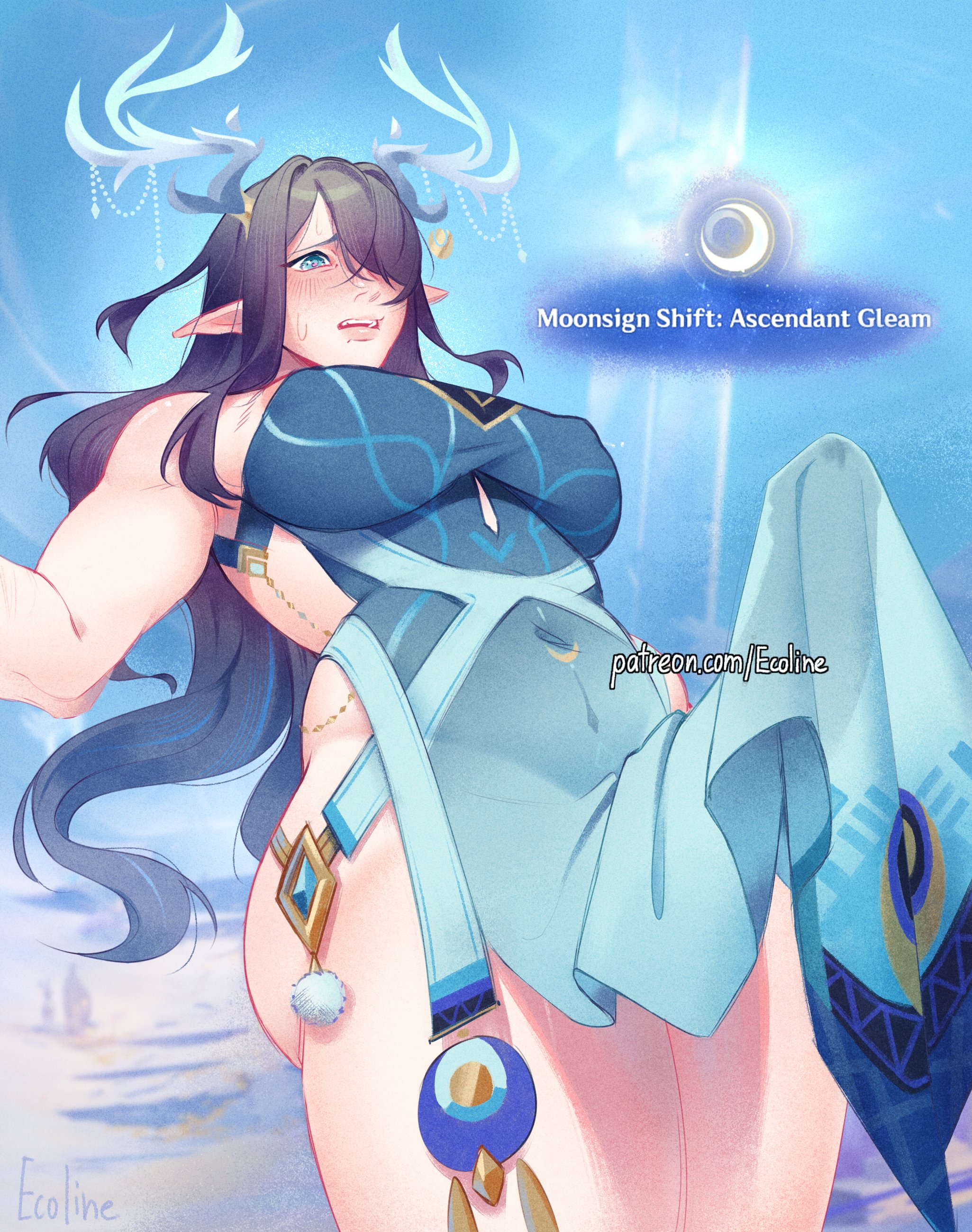 1futa, antlers, artist request, blush, embarrassed, erection, futanari, genshin impact, hair over one eye, hoyoverse, huge cock, lauma (genshin impact), mihoyo, penis under clothes, text