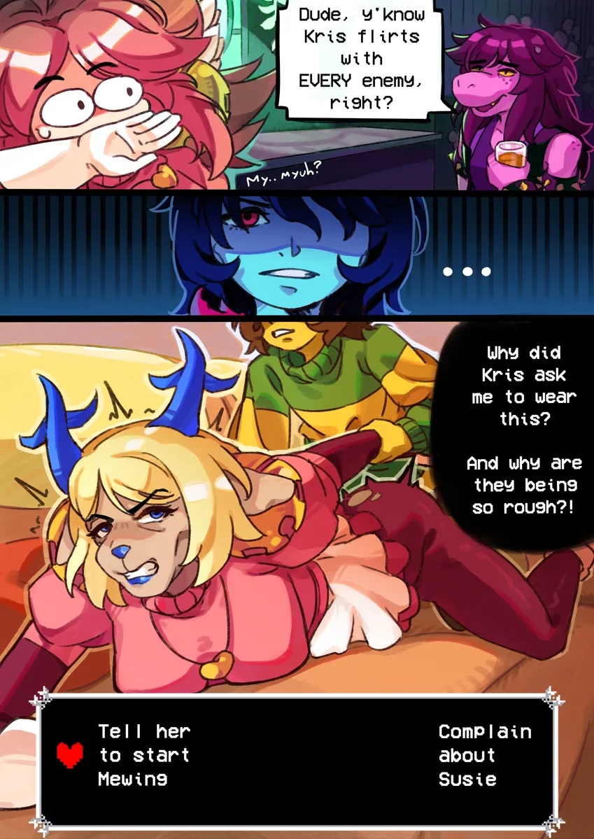 artist request, carol holiday, cosplay sex, cosplaying as character, deltarune, dubious consent, from behind position, kris (deltarune), mad mew mew, milf, straight, susie (deltarune)
