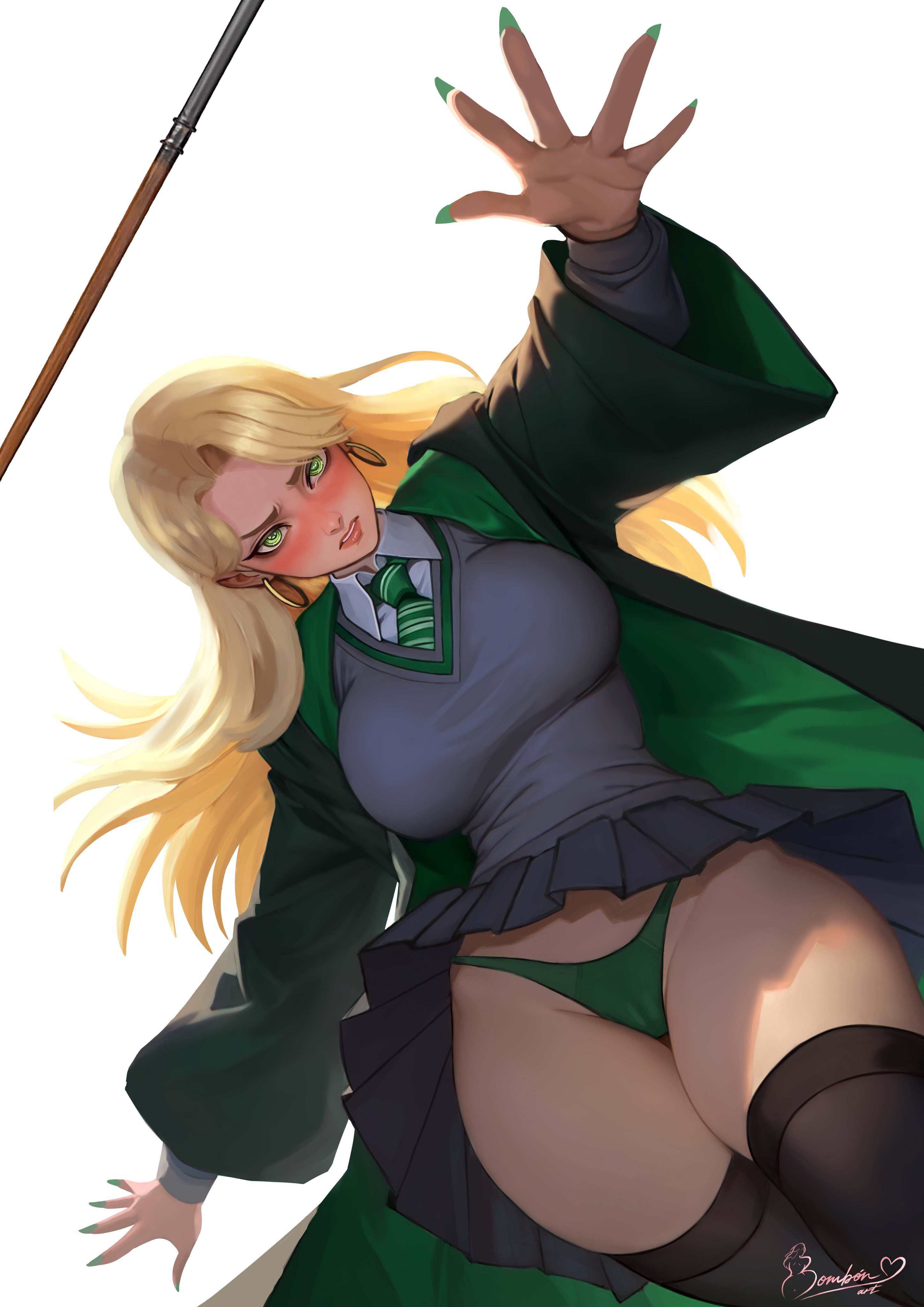 1girls, artist request, breasts, draco malfoy, draco malfoy (redteneri), female, female focus, female only, genderswap, harry potter, large breasts, light skin, light-skinned female, looking at viewer, panties, rule 63, solo, thick thighs, thighhighs, thighs, wide hips