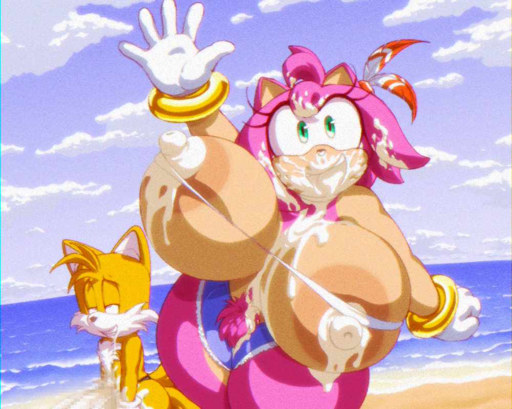 1boy, 1boy1girl, 1girls, amy rose, angelauxes, anthro, anthro only, beach, beach background, big breasts, big penis, bikini, bikini top, censored nipples, censored penis, cum, curvy body, curvy female, curvy figure, drooling into mouth, english commentary, english dialogue, english text, enormous breasts, fox boy, fox ears, furry, furry only, hedgehog girl, hi res, image, image sample, image set, looking at female, netorare, netorase, ntr, pixelated, pixelated penis, saliva drip, sega, shaking breasts, sonic (series), sonic the hedgehog (series), tagme, tails, tails the fox, video game character, video game franchise, video games