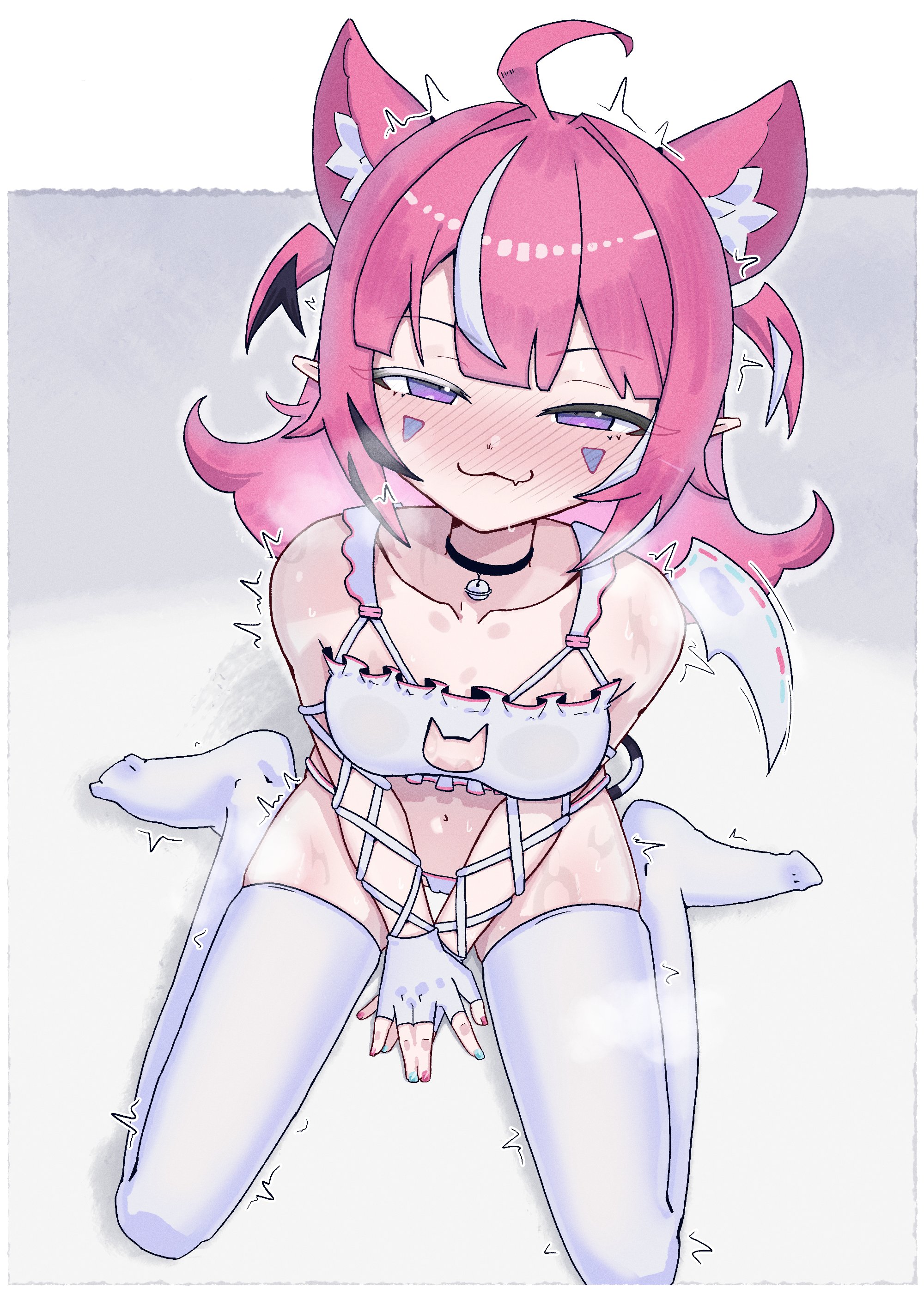 :3, ahoge, bell, blush, cameltoe, camila (vtuber), cat cutout, cat ears, cat lingerie, collar, fishnet armwear, fishnets, imp, indie virtual youtuber, kemonomimi, localpervert, pink hair, purple eyes, sharp ears, short hair, short twintails, tagme, virtual youtuber, vtuber, vtuberfanart, white clothing, white legwear, white lingerie, wings