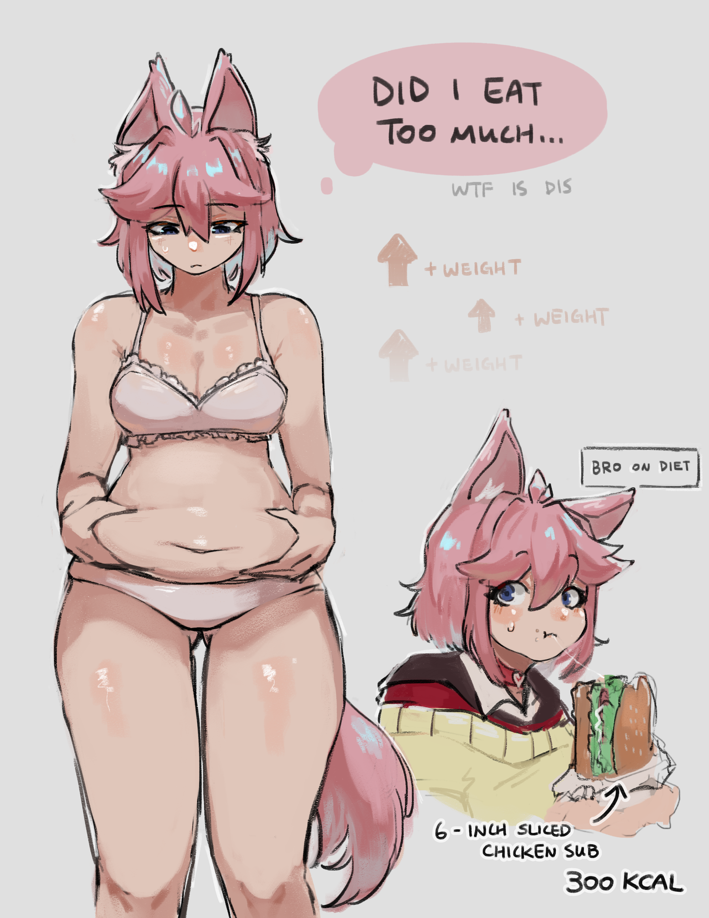 blue eyes, bra, butterflan01, cat ears, chubby, chubby female, clothing, dialogue, eating food, female, female only, fox ears, fox girl, oc, original character, pink hair, surprised expression, tail, text, tummy, underwear, weight conscious