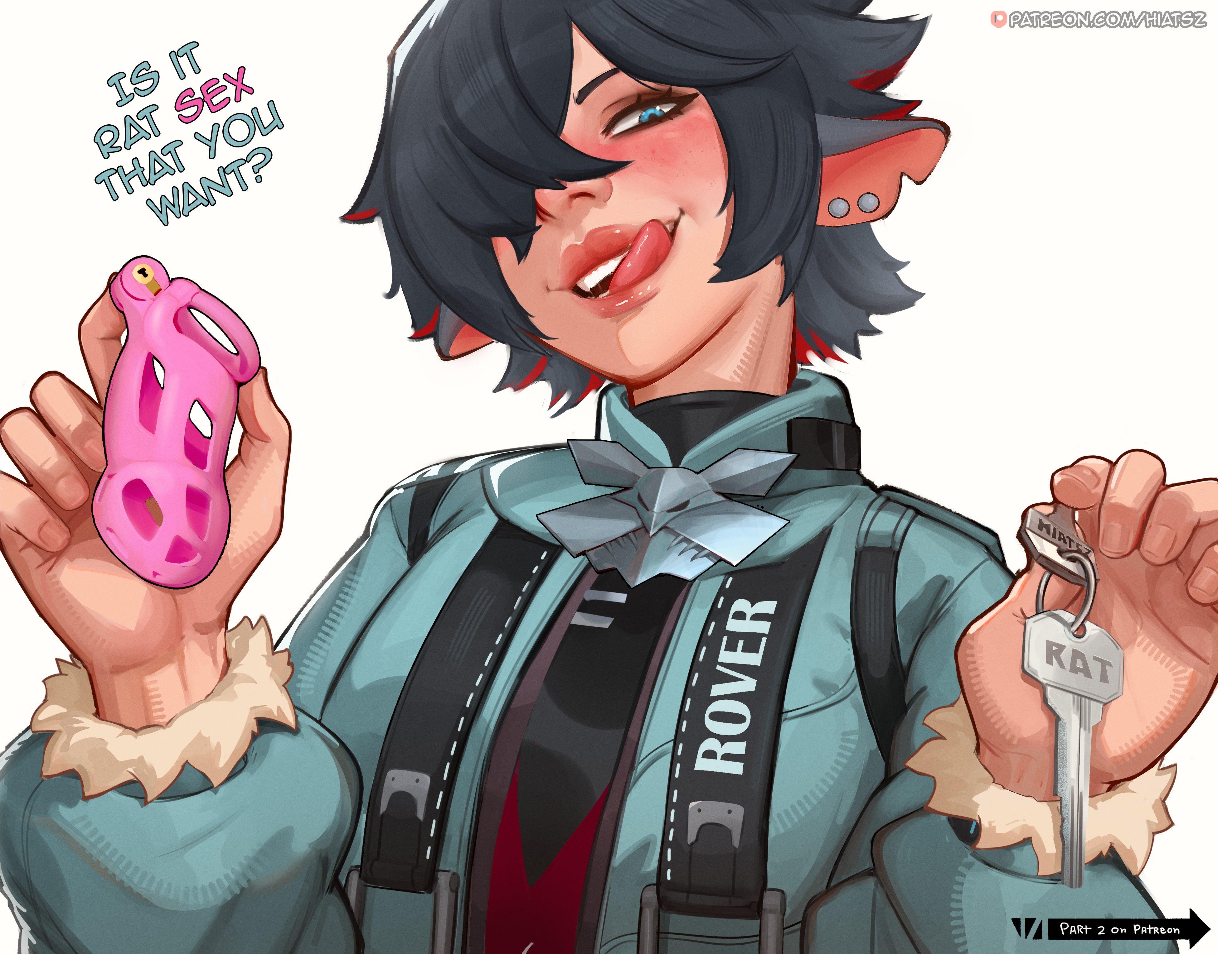1boy, chastity cage, chastity device, femboy, femboy focus, femboy only, gay, genderbend, genderswap (mtf), hiatsz, jane doe (zenless zone zero), john doe (zenless zone zero) (scopeophilia), licking, licking lips, rule 63, sfw, suggestive, twink, zenless zone zero