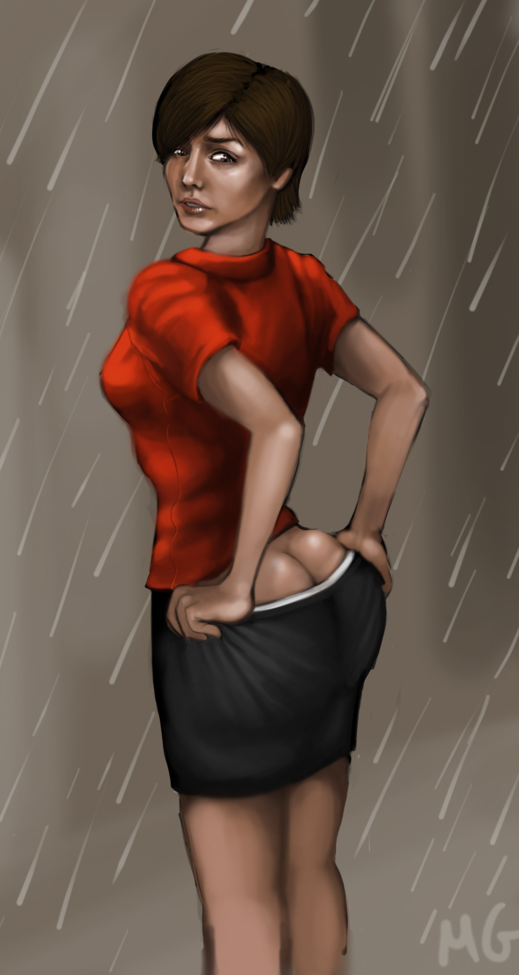 1girls artist_request ass ass_cleavage big_ass black_skirt brown_hair butt_crack dat_ass female female_only heavy_rain madison_paige short_hair skirt skirt_down solo tagme