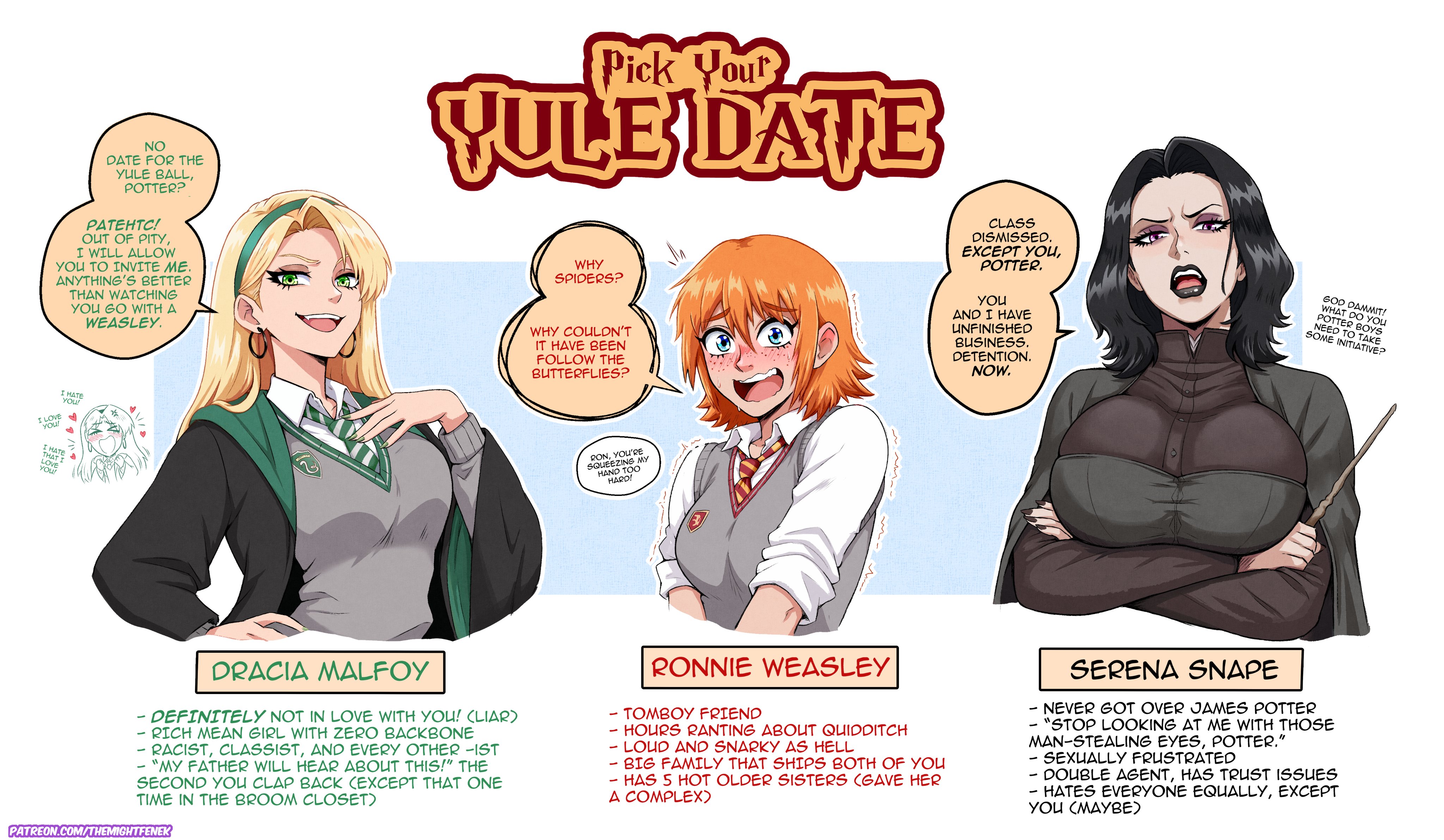 3girls, absurdres, black hair, black lips, black nails, blue eyes, breasts, character profile, crossed arms, draco malfoy (redteneri), earrings, genderswap, genderswap (mtf), green eyes, grey sweater vest, hair intakes, harry potter (series), highres, hogwarts school uniform, hoop earrings, jewelry, large breasts, long hair, mature female, multiple girls, open mouth, ron weasley, school uniform, short hair, speech bubble, sweater vest, themightfenek, upper body, wizarding world