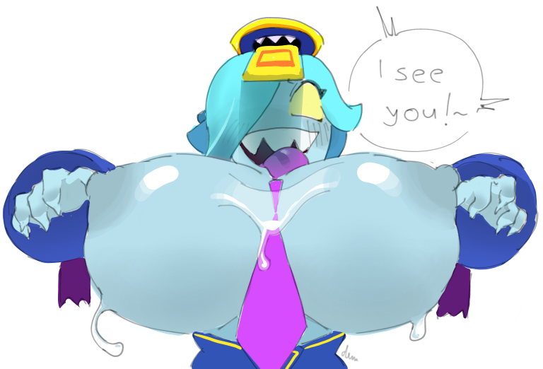 brawl stars, colette (brawl stars), dialogue bubble, huge breasts, inspector colette, jok1u (artist), pov, self upload, simple background, supercell, sweatdrop, talking to viewer