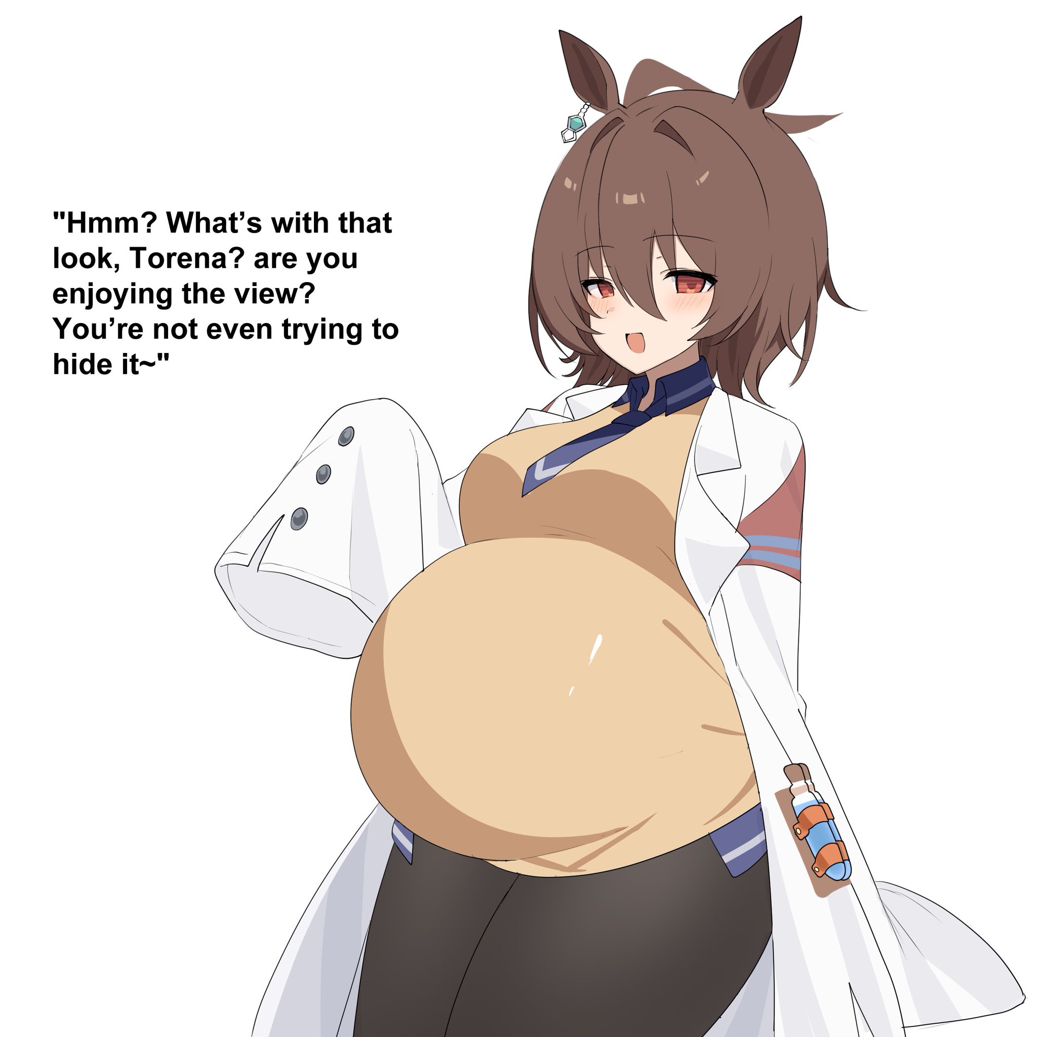 agnes tachyon (umamusume), big belly, blush, brown hair, brunette, clothed, cygames, dialogue, earring, looking at viewer, necktie, pregnancy, pregnant, pregnant belly, red eyes, text, tie, umamusume, umamusume pretty derby, umamusume: beginning of a new era