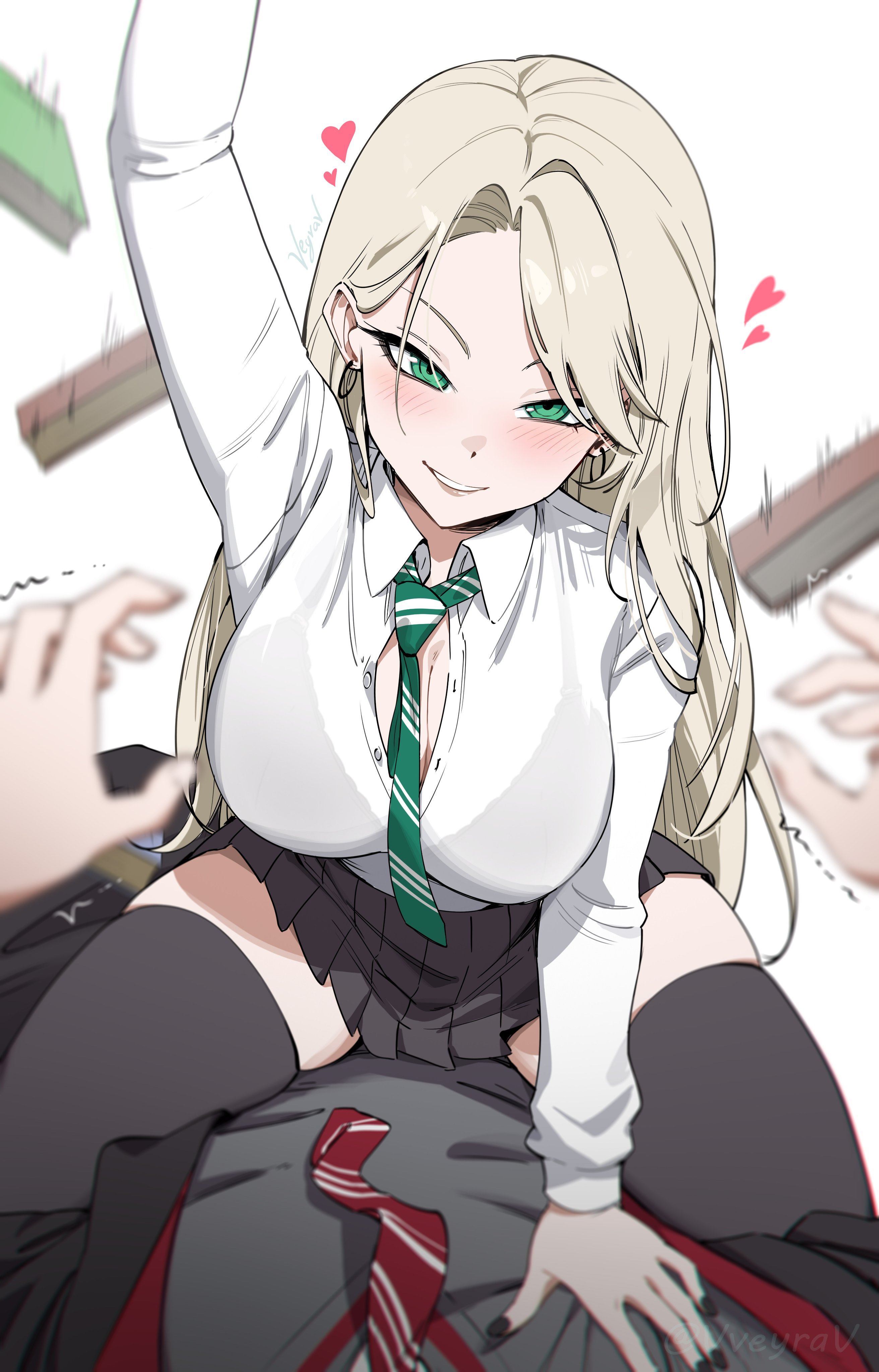 1boy, 1girls, artist request, breasts, draco malfoy, draco malfoy (redteneri), female, female focus, genderswap, harry james potter, harry potter, large breasts, light skin, light-skinned female, looking at viewer, panties, rule 63, school uniform, skirt, thick thighs, thighs, wide hips
