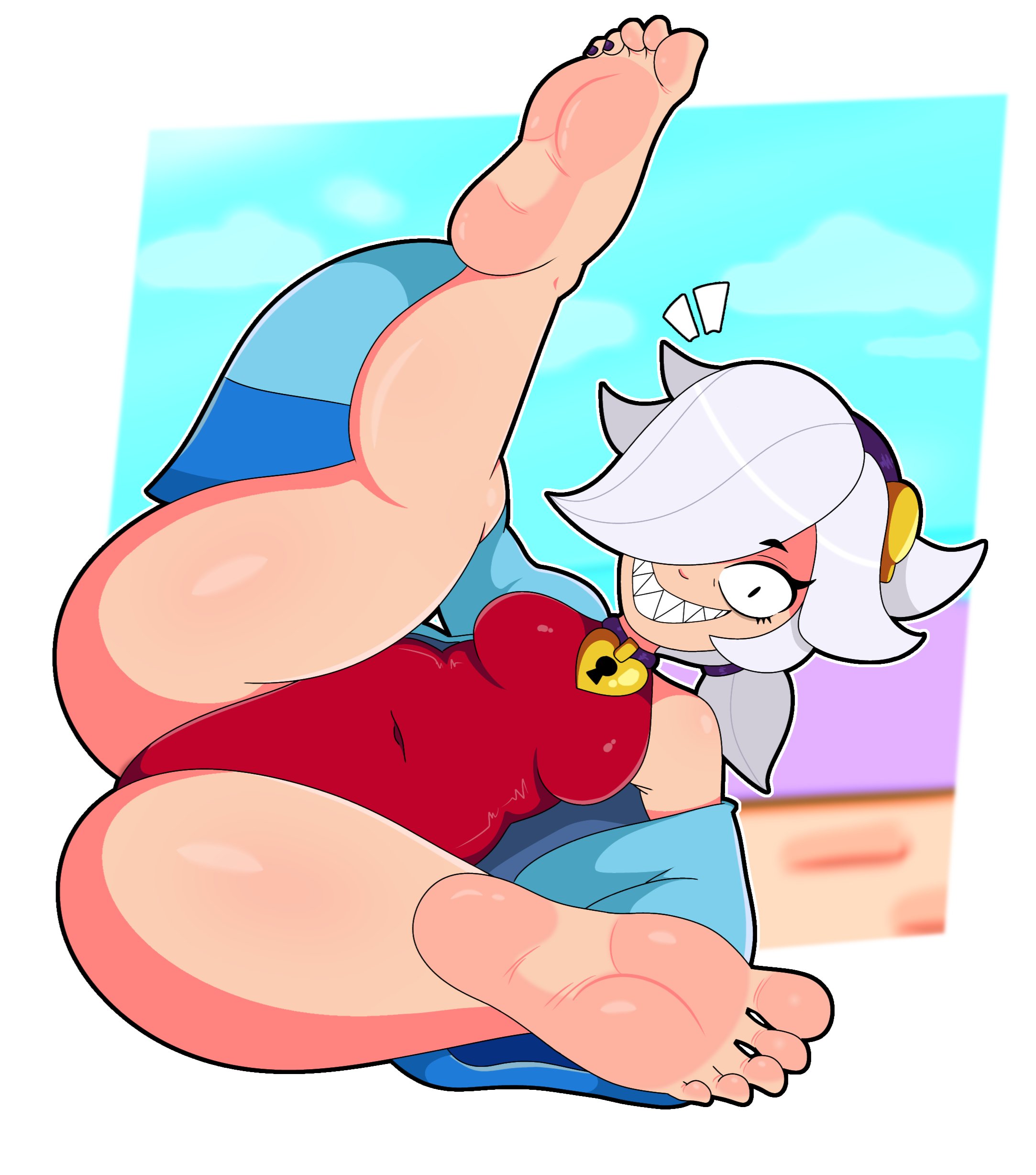 1girls, ass, ass focus, brawl stars, breasts, choker, clothed, clothing, colette (brawl stars), eyebrows, feet, female, grin, hair, hair over one eye, jemuosg, legs, looking at viewer, navel, painted nails, sharp teeth, short hair, slim waist, small breasts, smile, solo, spread legs, swimsuit, tagme, thick thighs, toenails, voluptuous, white hair, wide hips