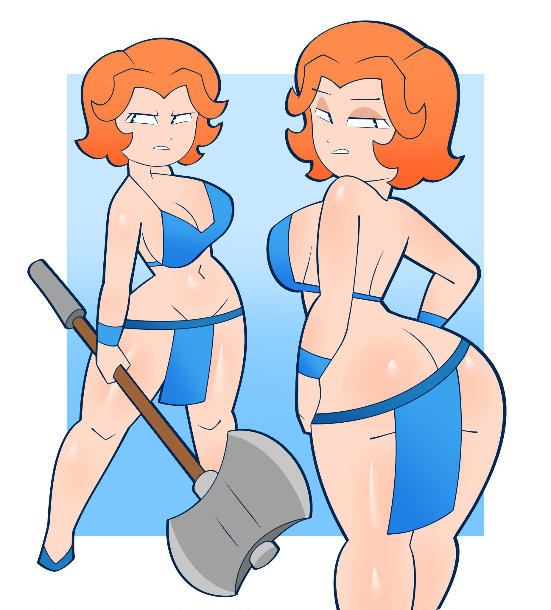ass, ass focus, axe, back view, breasts, cjdraws 3, clash of clans, clash royale, female, female focus, female only, front view, holding object, large breasts, light skin, light-skinned female, midriff, navel, orange hair, shiny skin, short hair, slim waist, solo, solo female, tagme, thick thighs, topwear, twitter link, valkyrie (clash of clans), voluptuous, wide hips