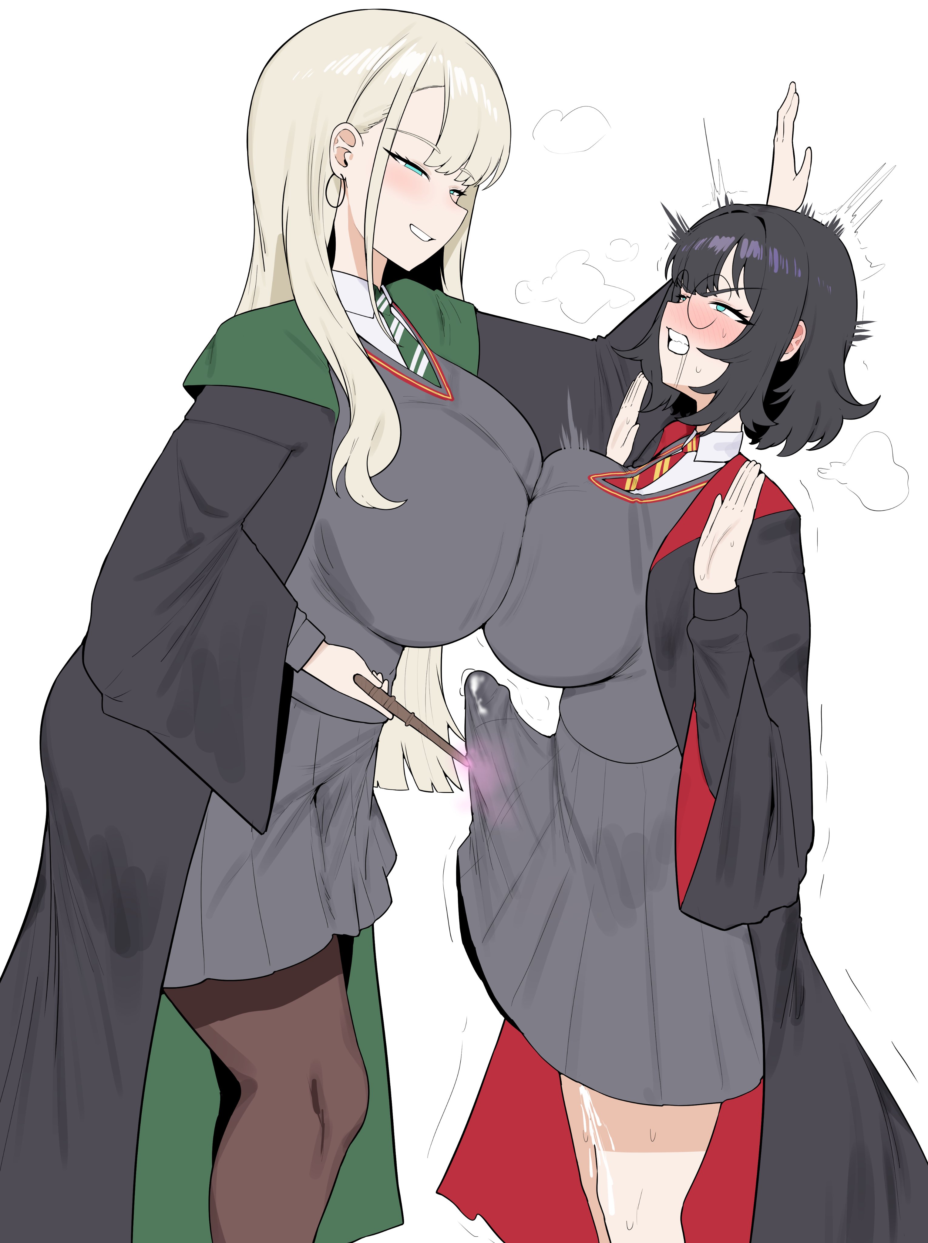 1futa, 1girls, 2d, 2d (artwork), absurd res, big breasts, blonde female, blonde hair, bluerabbit gap, blush, boner, boner under clothes, breasts, clenched teeth, clothed, clothing, cum, draco malfoy, draco malfoy (redteneri), earrings, erection, erection under clothes, erection under clothing, erection under skirt, female, futanari, genderbend, genderswap, genderswap (mtf), glasses, green eyes, harry james potter, harry potter, hi res, hoop earrings, huge breasts, large breasts, rule 63, school uniform, schoolgirl, teeth clenched, wand