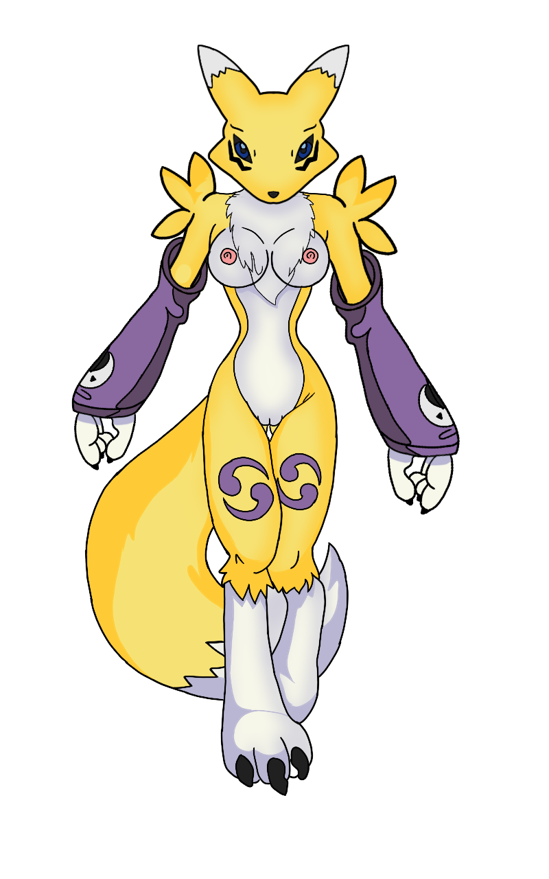 1girls anthro armwear bandai_namco big_thighs black_sclera blue_eyes breasts canine digimon dullehan female female_only fluffy_chest fox_tail fur furry medium_breasts nipples nude nude_female pink_nipples pussy renamon solo solo_female thighs transparent_background vagina yellow_body yellow_fur