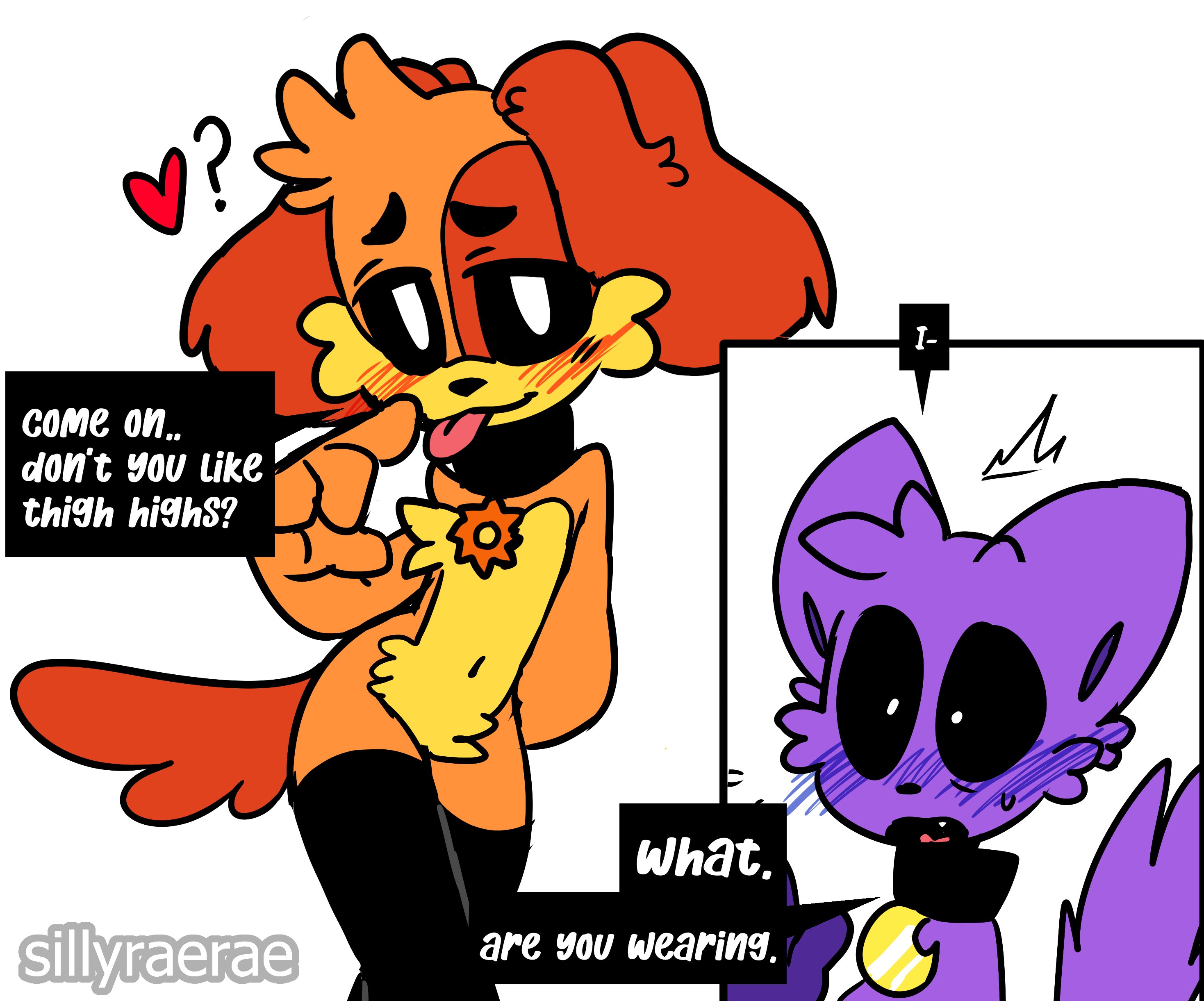 2boys, anthro, anthro on anthro, anthro only, black eyes, blushing, canine, cat boy, cat ears, cat tail, catboy, catnap (poppy playtime), collar, critters (poppy playtime), dialogue, dog boy, dog ears, dog tail, dogday (poppy playtime), english text, feline, fur, furry, furry only, gay, male, no humans, orange fur, poppy playtime, poppy playtime (chapter 3), purple body, purple fur, sex, sillyraerare (artist), smiling critters, surprised, tagme, tail, text, thigh highs, tongue, tongue out