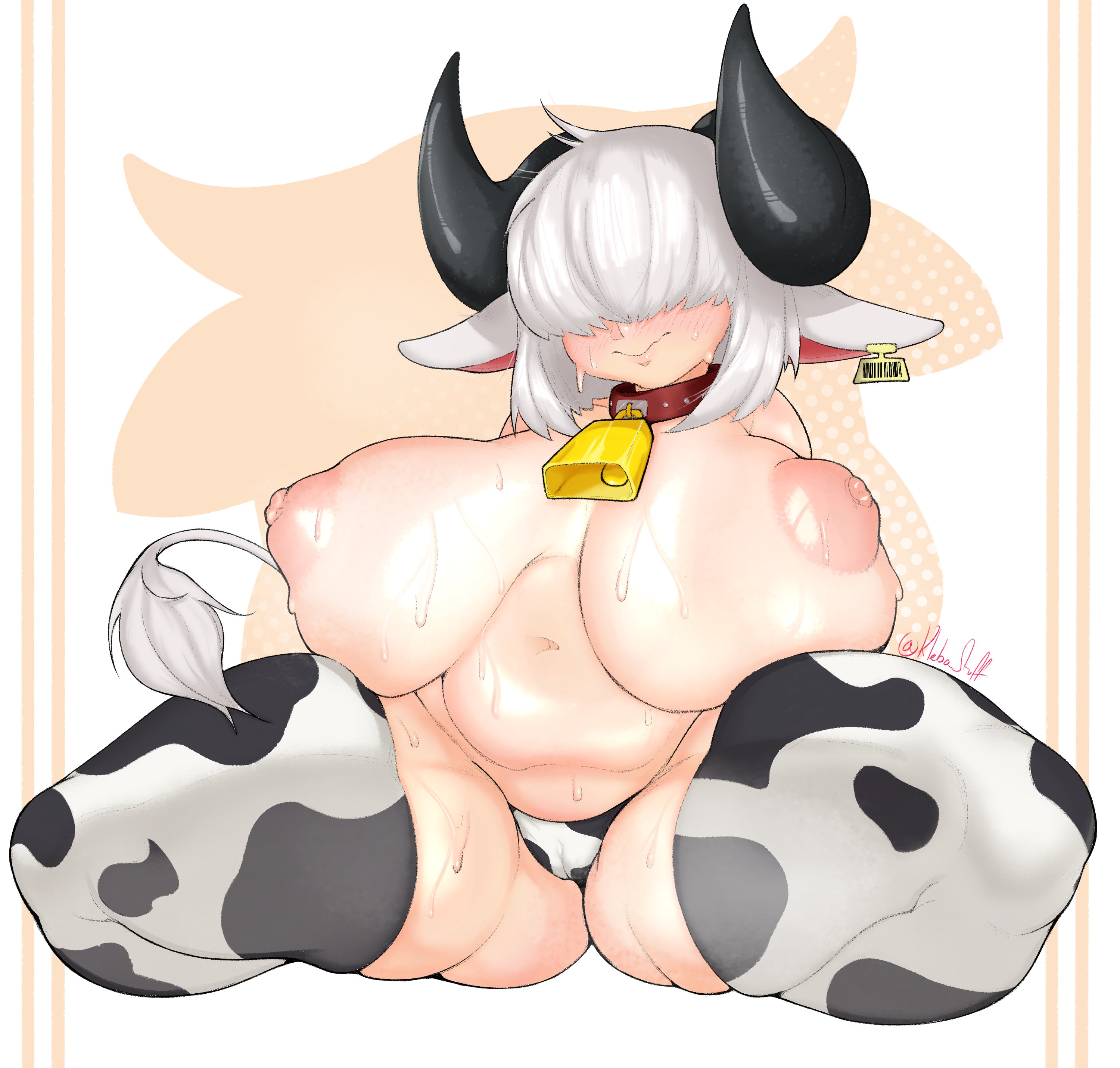1girls, 2d, 2d (artwork), 2d artwork, alternate breast size, areolae, belly, big breasts, bikini, blush, breasts, cow ears, cow girl, cow horns, cow print, cow print bikini, cow print thighhighs, cow tail, cowbell, ear tag, female, female only, hair between eyes, horns, klebo stuff, kneeling, medium hair, nipples, original, original character, solo, tail, tail tuft, thick thighs, thighhighs, topless, uya (klebo stuff), very high resolution, white hair