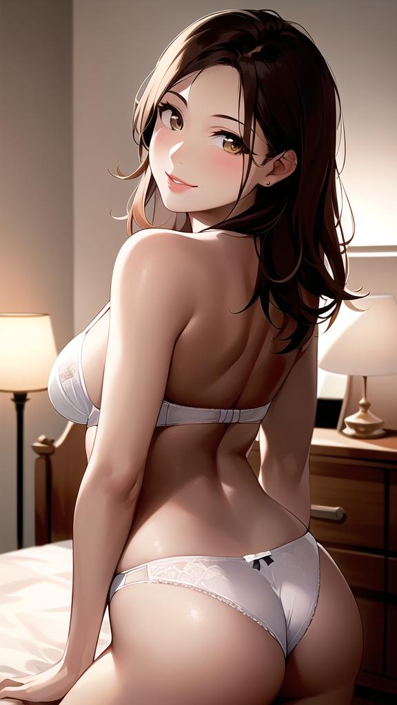 1girls ai_generated ai_mirror bed bedroom blush brown_eyes brown_hair dresser hands_on_bed lamps looking_back_at_viewer medium_ass medium_breasts medium_hair mirror smile solo_focus underwear white_skin white_underwear