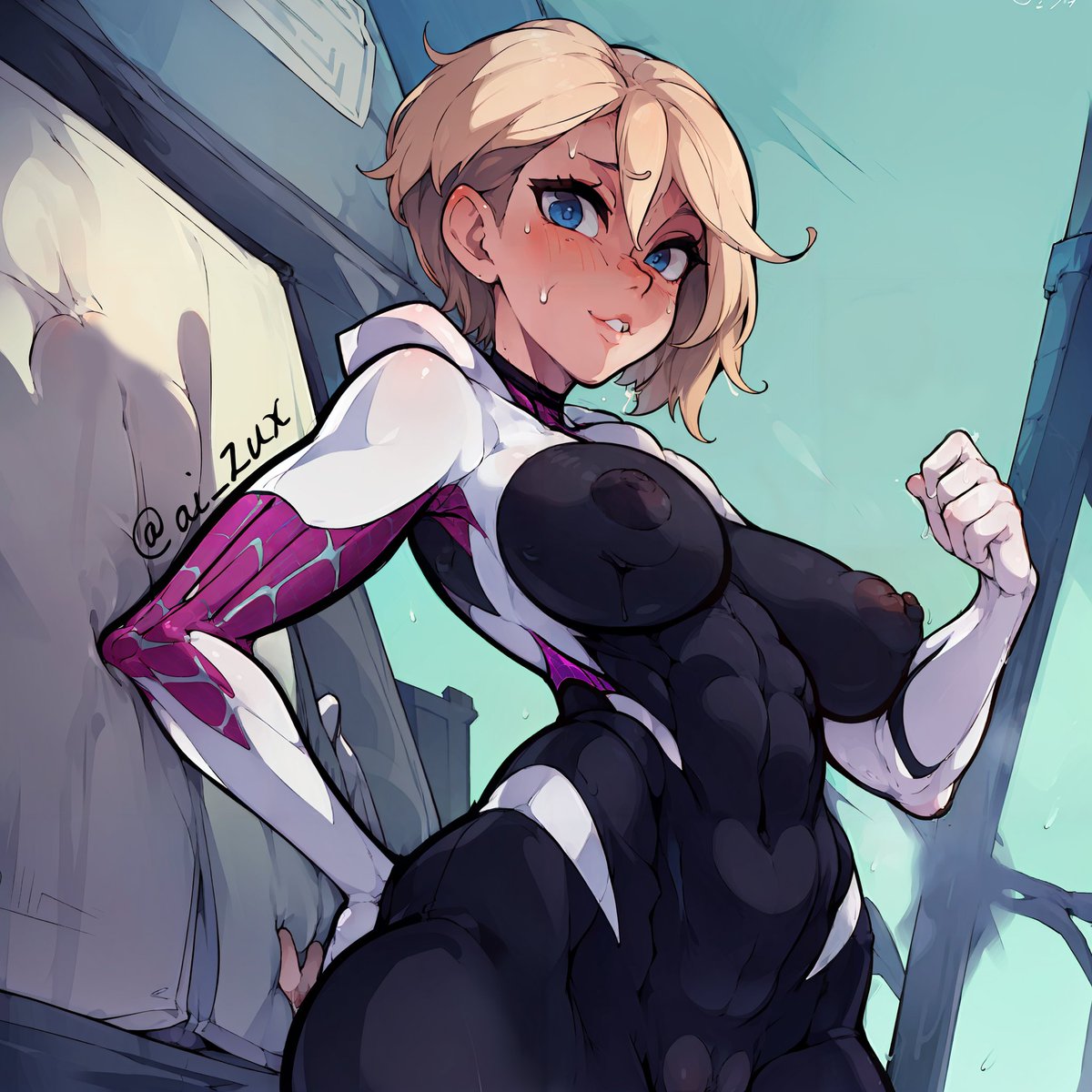 abs, ai generated, blonde hair, blue eyes, breasts, covered nipples, cum, female, gwen stacy, gwen stacy (spider-verse), marvel, marvel comics, navel, piercing, short hair, solo, spider-gwen, spider-man (series), spider-man: into the spider-verse, sweat, zux edits
