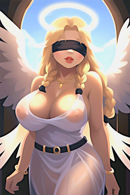 1girls ai_generated angel angel_wings belt big_breasts blindfold blonde_hair bracelet braided_hair breasts clothed clothed_female dress female female_only halo jfxjxf long_hair necklace nipples nipples_visible_through_clothing thick_lips transparent_clothing