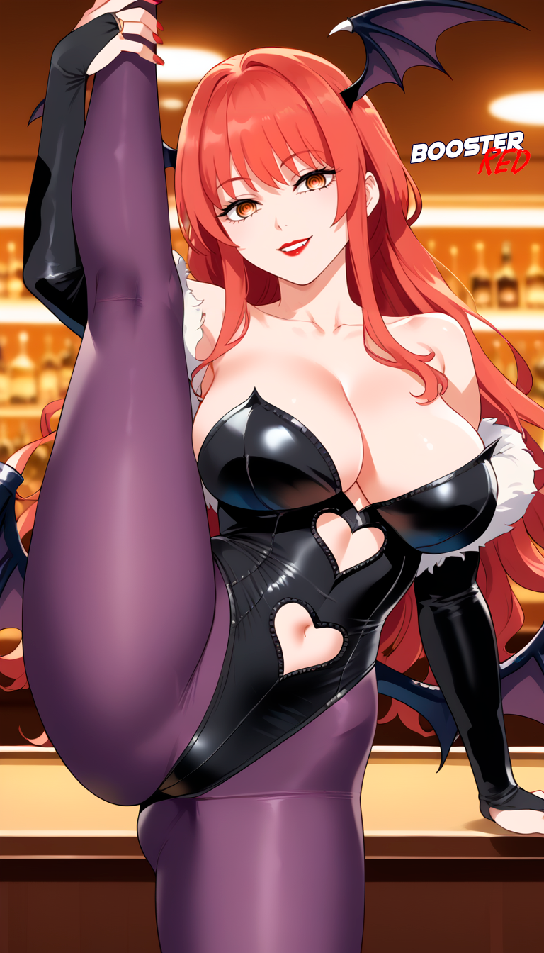 ai_generated animal_print bare_shoulders bat_print bat_wings blush boosterred99 breasts bridal_gauntlets chainsaw_man cleavage clothing_cutout collarbone cosplay darkstalkers demon_girl head_wings heart_cutout large_breasts legs leotard long_hair looking_at_viewer low_wings makima_(chainsaw_man) mature_female milf morrigan_aensland one_leg_up pantyhose pony_diffusion_xl print_pantyhose purple_pantyhose red_hair seductive seductive_smile smile solo stable_diffusion succubus wings yellow_eyes