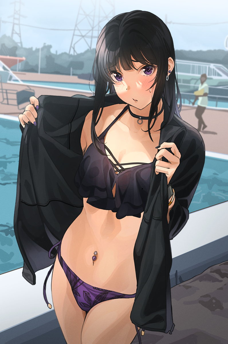 bikini bikini_under_clothes black-haired_gal_(tipii) black_bikini black_hair black_jacket black_nails blush breasts commentary_request cowboy_shot day earrings female hands_up highres jacket jewelry long_hair looking_at_viewer mismatched_bikini nail_polish navel_piercing open_clothes open_jacket original outdoors piercing pool poolside purple_bikini purple_eyes side-tie_bikini_bottom small_breasts solo_focus standing swimsuit tipii