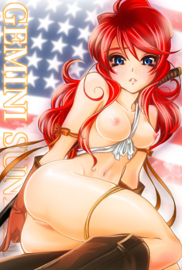 1girls american_flag blue_eyes blush boots breasts censored female female_only flag freckles gemini_sunrise gloves kannah katana long_hair naked_boots naked_footwear nude pussy red_hair sakura_taisen sakura_taisen_v sakura_wars small_breasts sword weapon