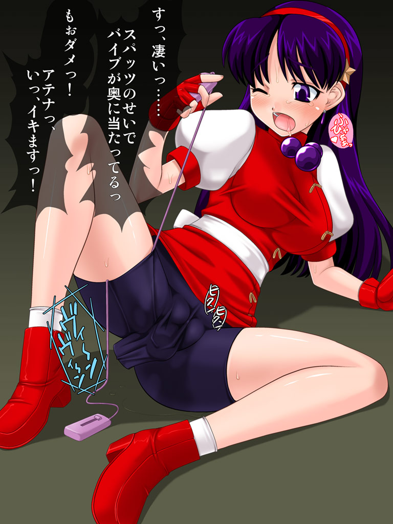 ankle_socks anklehighs ankoku_inu_shougun arm_support athena_asamiya bike_shorts blue_hair blush breasts bulge cameltoe cleavage dildo earrings female female_only fingerless_gloves footwear gloves hairband high_heels human jewelry king_of_fighters king_of_fighters_98 legs long_hair lying on_side open_mouth purple_eyes purple_hair pussy_juice saliva shoes snk socks solo spread_legs star tears translation_request turtleneck vibrator white_socks wince