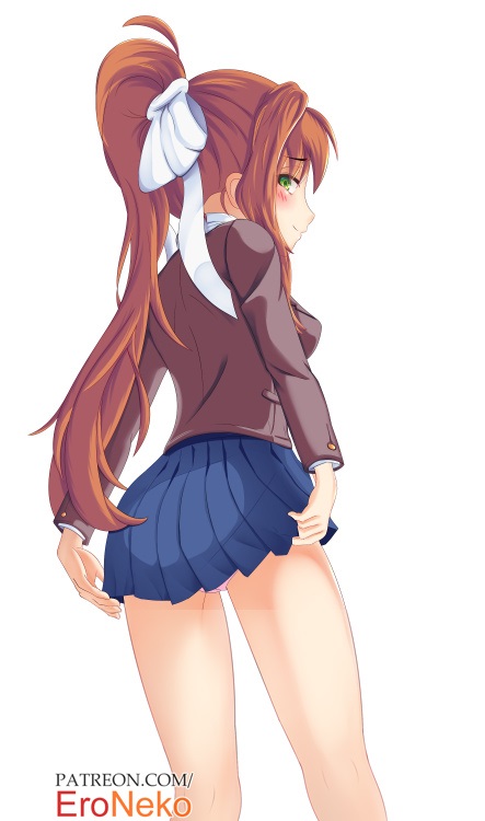 1girls ass blue_skirt blush bow brown_hair dat_ass doki_doki_literature_club eroneko female female_only fully_clothed green_eyes hair_ribbon hairbow long_hair looking_at_viewer looking_back looking_back_at_viewer monika_(doki_doki_literature_club) panties pink_panties ponytail ribbon school school_uniform schoolgirl schoolgirl_uniform skirt solo solo_female tagme thick_thighs thighs white_bow white_ribbon