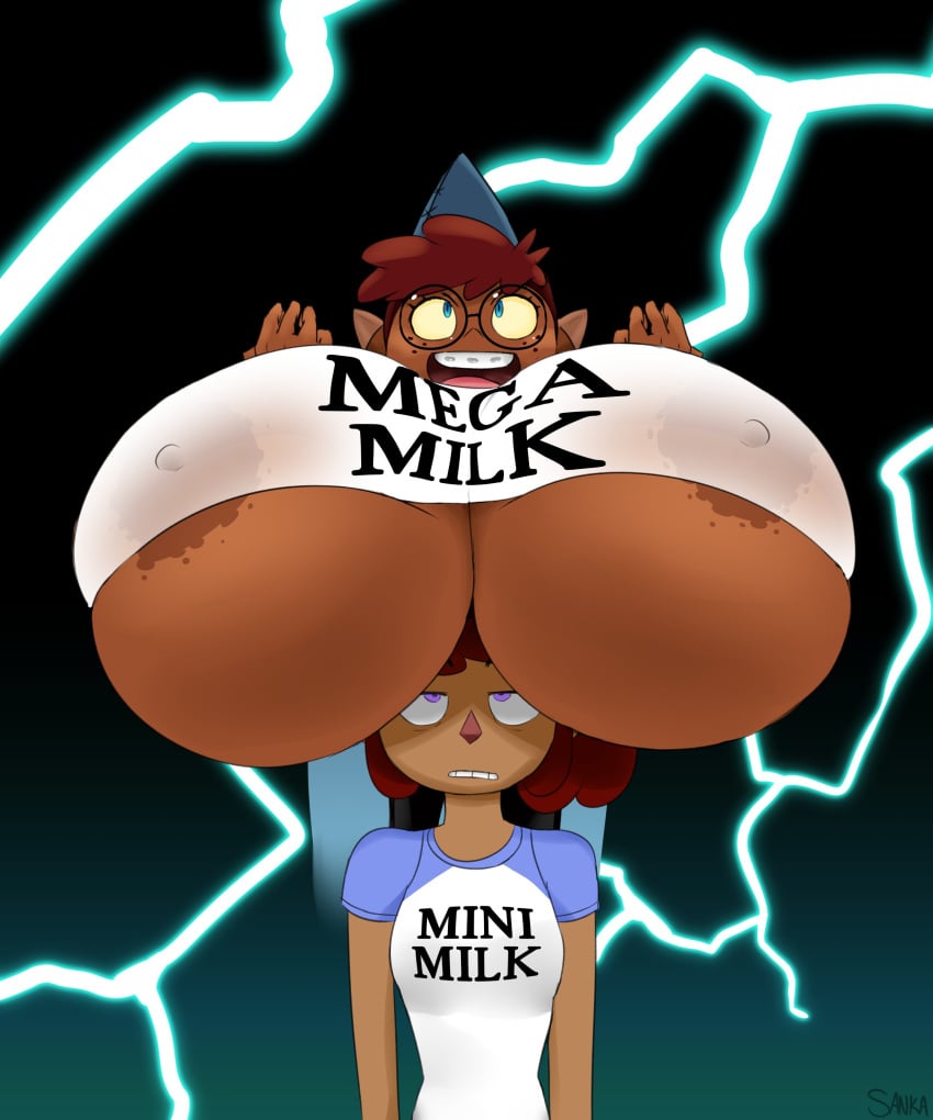 2girls aged_up alternate_breast_size busty camp_camp curvy dark-skinned_female dark_skin female female_only glasses gwen_(camp_camp) hyper large_breasts mega_milk meme mini_milk multiple_girls nerris_(camp_camp) park_ranger rooster_teeth sanka-tetsu text text_on_clothing text_on_shirt