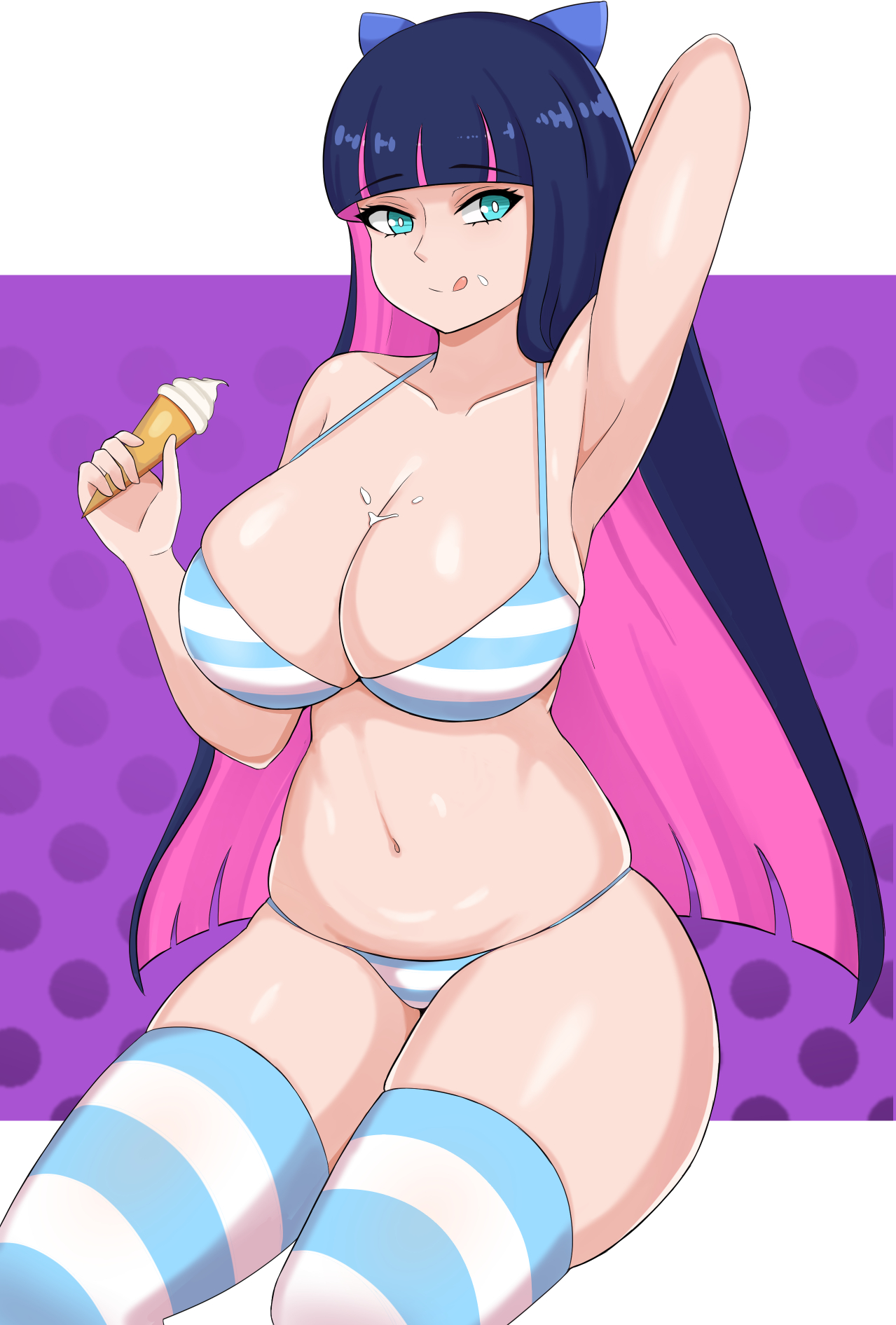 1girls, 2022, arm up, armpit, big breasts, bikini, blue eyes, bow, bow in hair, breasts, cleavage, female, female focus, female only, ice cream, long hair, navel, panty & stocking with garterbelt, purple background, purple hair, sleeptopi, solo, solo female, stocking anarchy, striped bikini, swimsuit, thick thighs, thighhighs, thighs, white background
