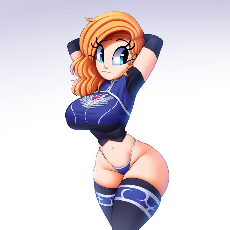 1girls, arms behind head, armwear, blonde hair, blue clothing, blue eyes, cassidy (saymanart), curvy, cute, cute female, ear piercing, female, legwear, light skin, light-skinned female, oc, original, original character, pinup, pose, saymanart, short shorts, shorts, solo, solo focus, stockings, thick thighs, thighhighs, thighs, thong, voluptuous, wide hips