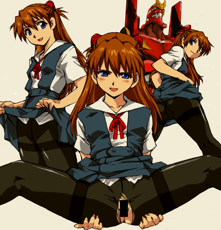 asuka_langley_sohryu blue_eyes blush censored clothes clothing female female_only human kamisimo_90 neon_genesis_evangelion no_panties orange_hair pantyhose rebuild_of_evangelion school_uniform skirt skirt_lift smile solo spread_legs torn_clothes torn_pantyhose