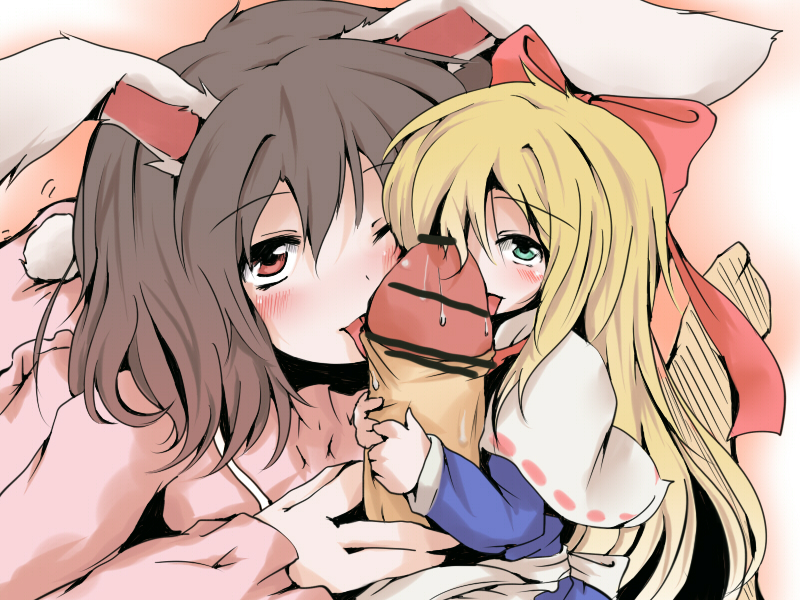 blonde_hair blush bow brown_hair bunny_ear censored collaborative_fellatio cooperative_fellatio doll fellatio fur hairband long_hair minigirl multiple_fellatio naughty_face nejime oral penis shanghai_doll short_hair tail teamwork tewi_inaba touhou