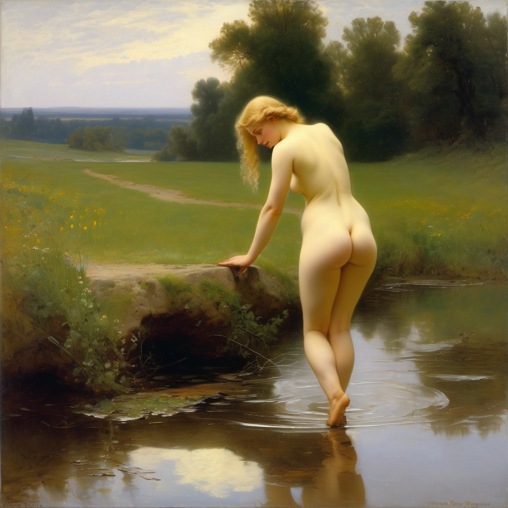 ai_generated ass back back_view big_ass blonde_hair curly_hair curvy lips long_hair nude presenting puddle realistic small_breasts smile solo water william_bouguereau