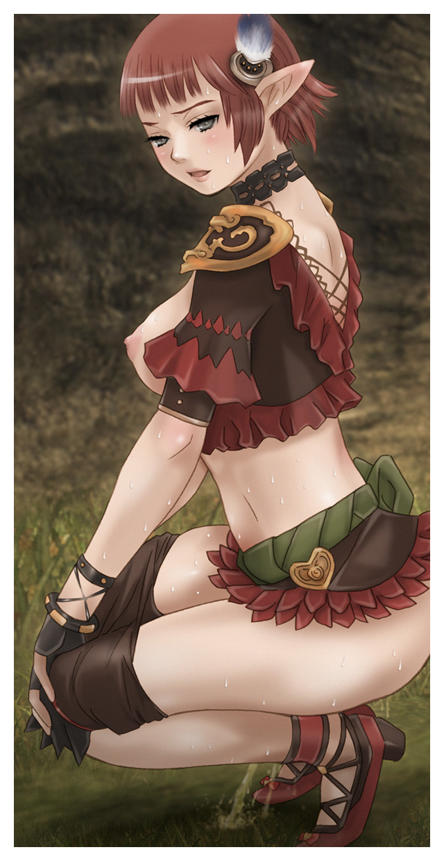 1girls areolae breasts cloritin female female_only final_fantasy final_fantasy_xi fingerless_gloves gloves high_heels highres lilisette_baloumat nipples open_mouth peeing pointy_ears puffy_nipples red_hair shoes short_hair solo squat squatting