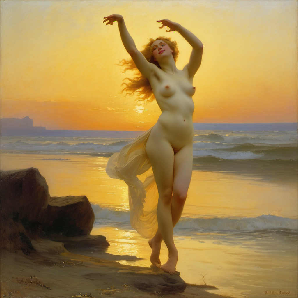 ai_generated belly blonde_hair blue_eyes breasts curly_hair curvy lips long_hair navel nipples nude nude_female presenting realistic seaside shore small_breasts smile solo sun sunrise william_bouguereau