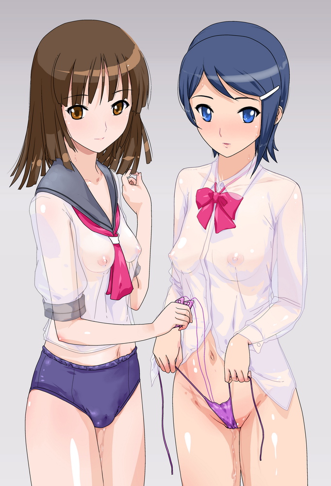 2girls bakemonogatari blue_eyes blue_hair breasts brown_eyes brown_hair buruma crossover female female_only hair_ornament hairclip hanazawa_kana idolmaster idolmaster_dearly_stars mine_(peak) mizutani_eri monogatari_(series) multiple_girls navel panties pussy_juice see-through sengoku_nadeko short_hair side-tie_panties underwear voice_actor_connection