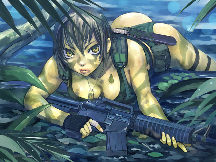 1girls assault_rifle breasts camouflage cleavage copyright_request female female_only fingerless_gloves gloves gun konchiki lying m4_carbine m4a1 rifle short_hair solo weapon