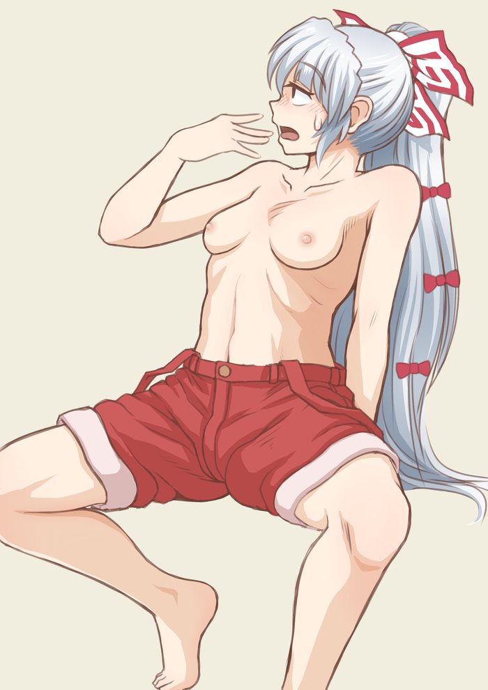 1girls, barefoot, bow, breasts, feet, female, female only, fujiwara no mokou, grey hair, hairbow, iromeki overdrive, long hair, no bra, open clothes, open mouth, ponytail, red eyes, shirt, shorts, sitting, sketch, small breasts, solo, spread legs, suspender shorts, suspenders, sweatdrop, tied shirt, tomboy, topless, touhou, very long hair