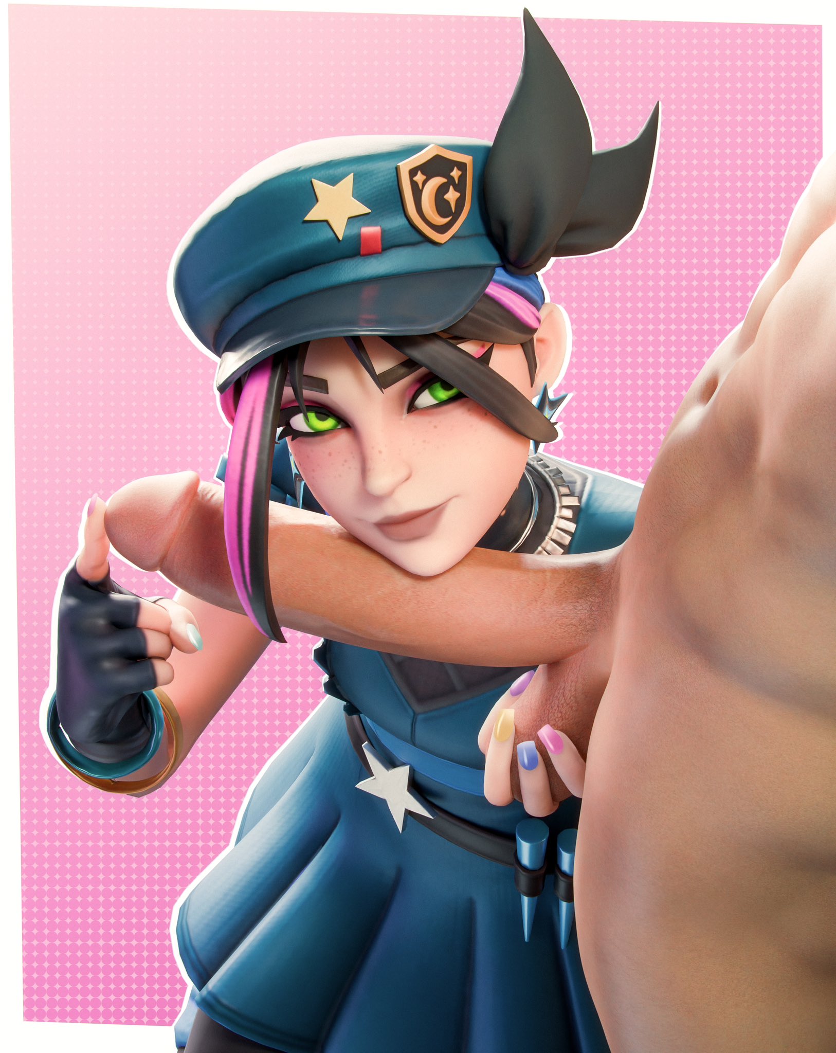 1boy, 1girls, 3d, balls, big balls, big penis, blue nails, blush, blushing, clothed, clothed female, clothing, completely nude, eclair stones, eclairstones, female, fingerless gloves, fondling balls, fortnite, fortnite: battle royale, fully clothed, fully clothed female, glowing eyes, hat, helsie (fortnite), huge balls, huge cock, human, human male, huntress helsie (fortnite), light skin, light-skinned male, looking at partner, male, multicolored hair, nail polish, nude, nude male, penis, pink nails, purple nails, touching penis, yellow nails