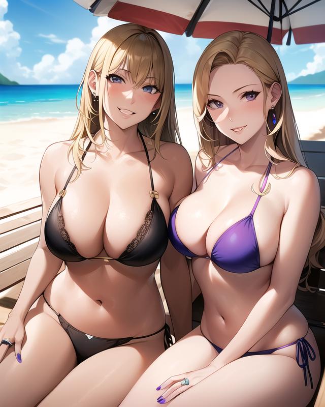 1girls ai_generated ai_mirror beach beach_chair beach_umbrella belly_button big_breasts bikini black_bikini blonde_hair blue_eyes blush brown_eyes long_hair looking_at_viewer medium_breasts mischievous_smile purple_bikini purple_nails ring sea seaside sitting smile together white_skin