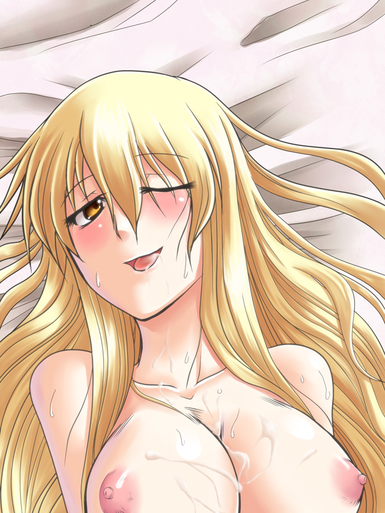 blonde_hair blush breasts cum cum_on_body cum_on_breasts cum_on_upper_body kuon_yashiro long_hair nipples nude smile sweat touhou wink yellow_eyes yukari_yakumo