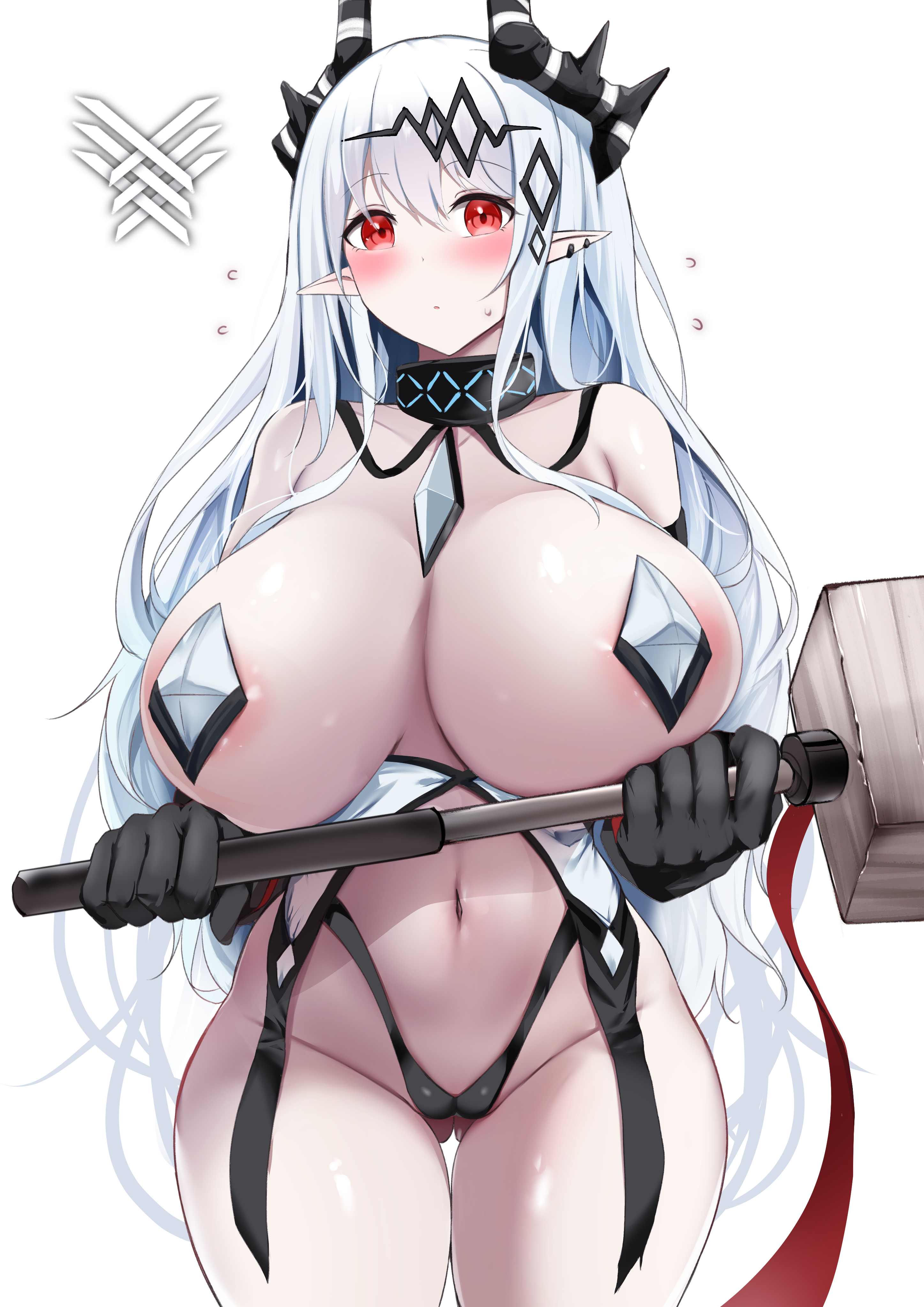 1girls, areolae, arknights, breasts, female, female only, hammer, hi res, huge breasts, kokihanada, mudrock (arknights)