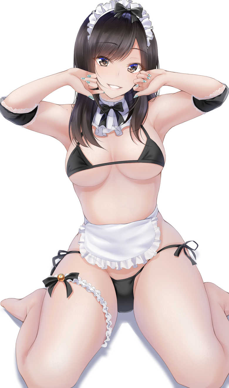 aqua_nails black_bikini bowtie elbow_tufts eyebrows eyebrows_visible_through_hair female_only golden_retriever looking_at_viewer maid_apron maid_headdress medium_breasts neckwear original original_character painted_nails sitting small_bikini smiling stocking white_background zeroamu