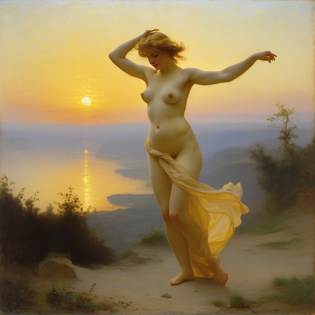 ai_generated belly blonde_hair blue_eyes breasts curly_hair curvy lips long_hair navel nipples nude nude_female presenting realistic small_breasts smile solo sun sunrise tied_hair william_bouguereau