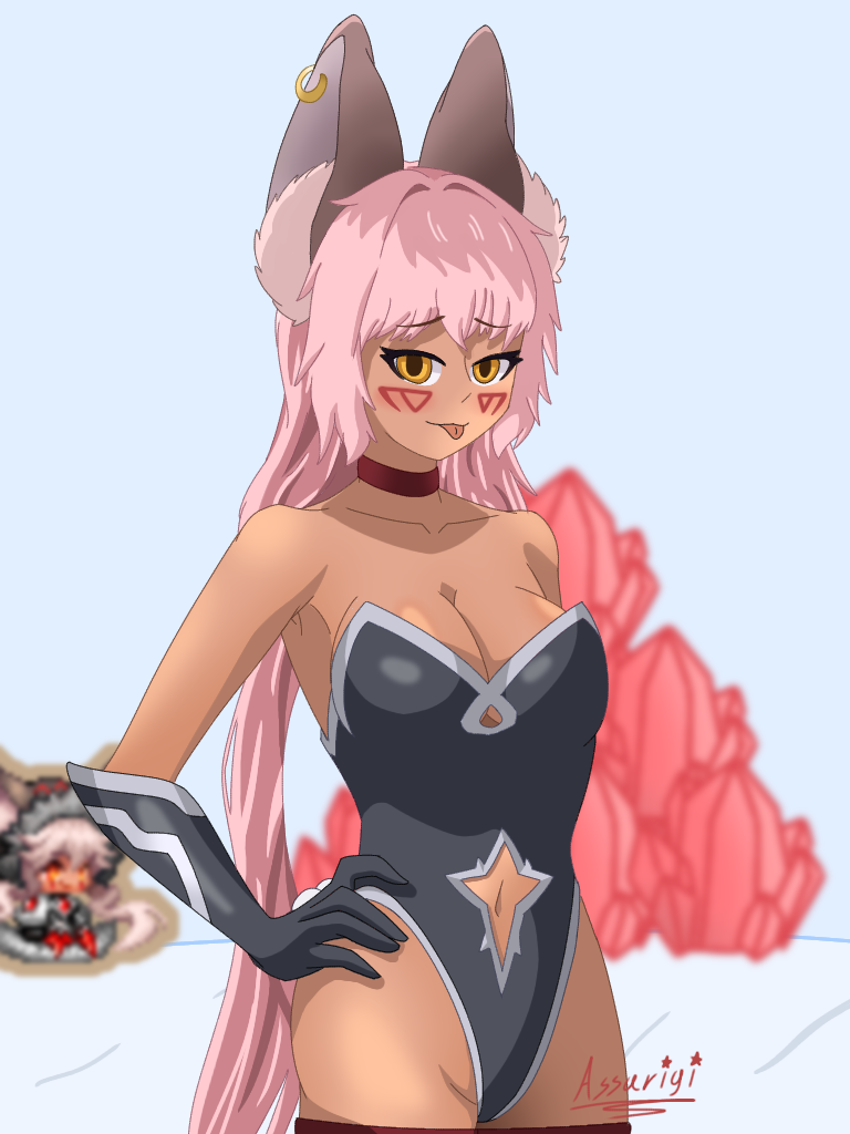 assarigi black_body breasts bunny_tail bunnysuit busty dark-skinned_female dark_skin facial_mark facial_markings female female_focus female_only guardian_tales ice_witch_lupina_(guardian_tales) kemonomimi long_hair lupina_(guardian_tales) medium_breasts piercing pink_hair tongue tongue_out twintails white_hair wolf wolf_ears wolf_girl yellow_eyes