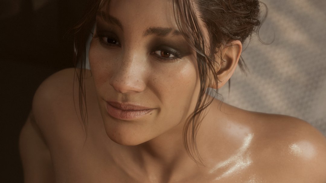 1girls, 3d, 3d (artwork), bluelight, brown hair, cd projekt red, closeup, cyberpunk (series), cyberpunk 2077, dark skin, dark-skinned female, female, female focus, female only, looking at viewer, panam palmer, simple background, smiling at viewer, solo, solo female, solo focus