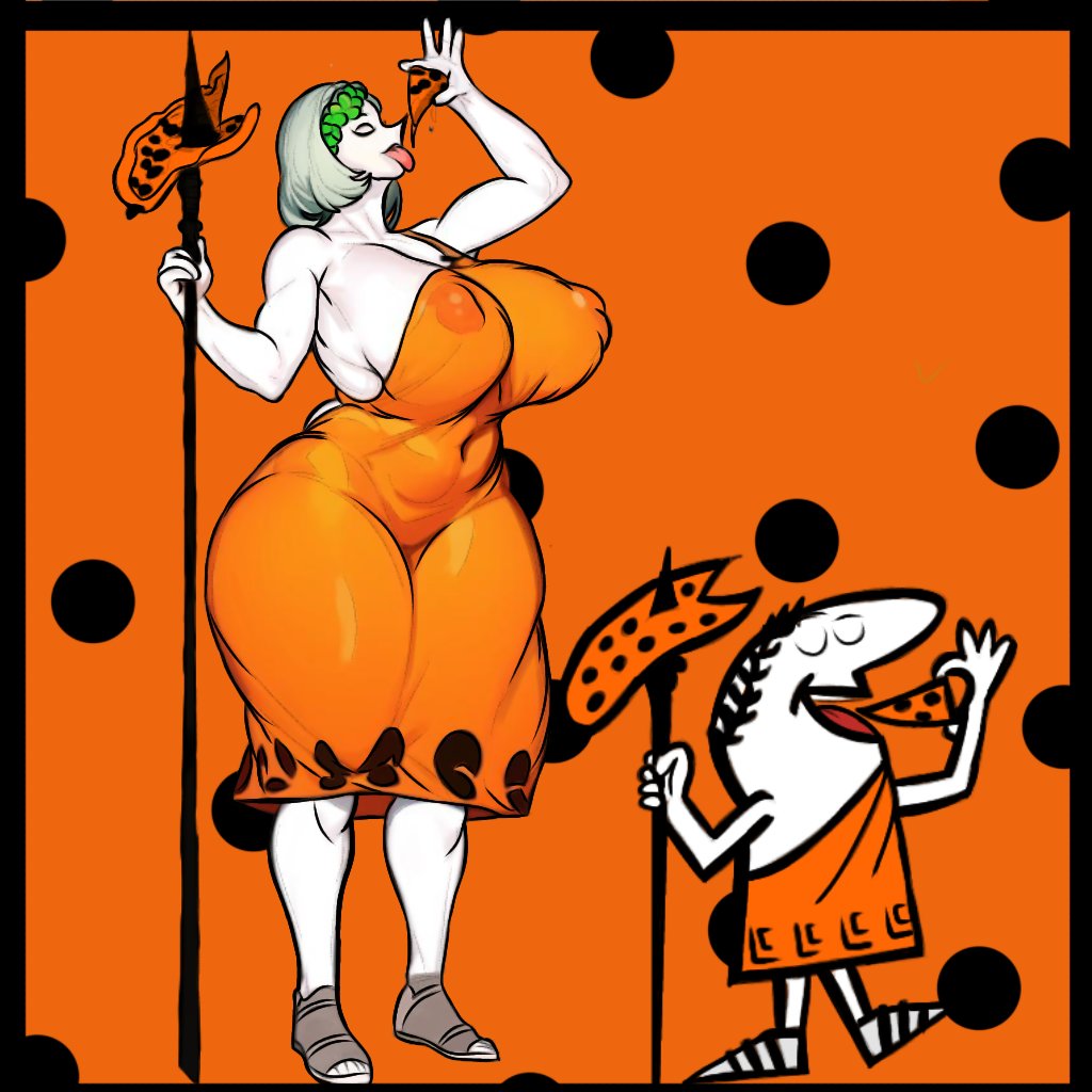 1boy1girl big_breasts breasts female hourglass_figure hyper_breasts little_caesar little_caesars nipples_visible_through_clothing pizza senior_garabato thick_thighs thighs