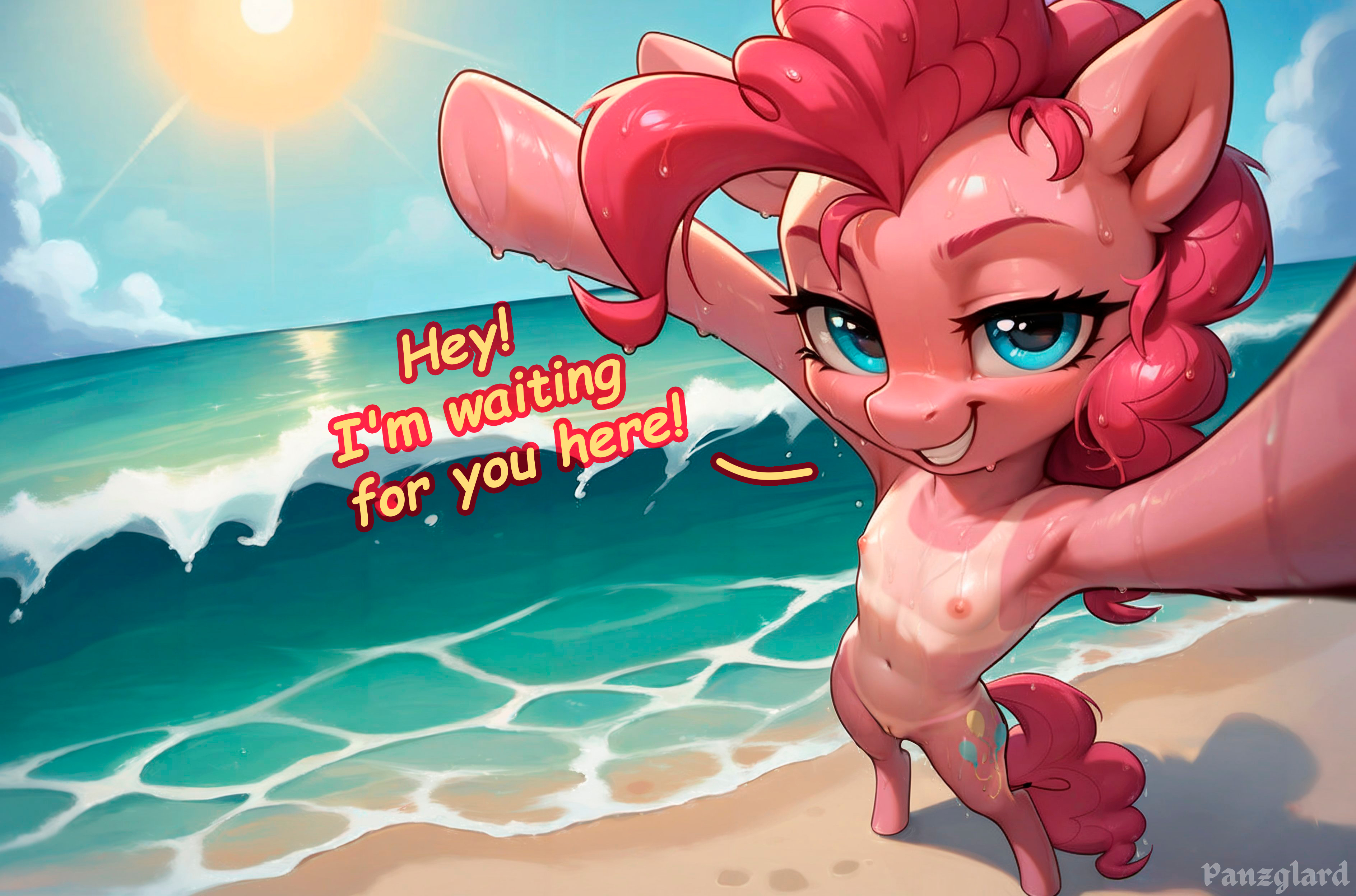 1girls, ai generated, anthro, biped, blue eyes, earth pony, equid, equine, female, female only, flat chest, friendship is magic, furry, furry only, hasbro, horse, mammal, my little pony, nipples, panzglard, pink body, pink fur, pink hair, pinkie pie (mlp), pony, pussy