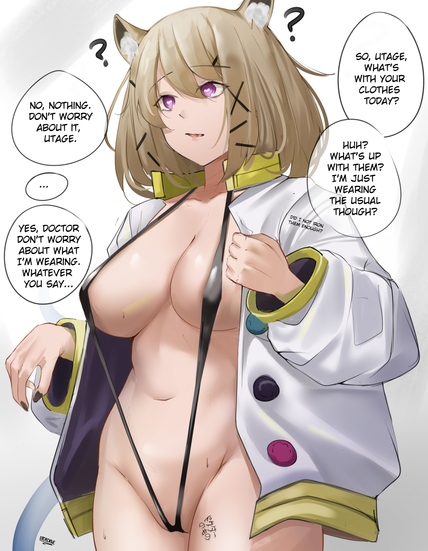?, 1girls, 2024, animal ears, arknights, big breasts, blonde hair, breasts, cat ears, cat girl, catgirl, common sense change, english text, eroborne, female, female focus, hi res, hypnosis, jacket only, kemonomimi, light skin, light-skinned female, mind control, no bra, no panties, nude, nude female, purple eyes, revealing clothes, short hair, simple background, skimpy, skimpy clothes, solo, text, utage (arknights)